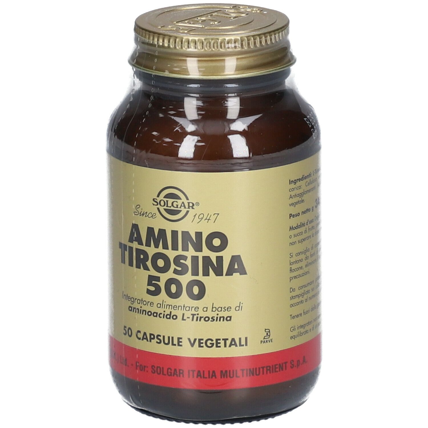 Flacone di vetro marrone con tappo dorato. L'etichetta indica: Amino Tirosina 500, 50 capsule.