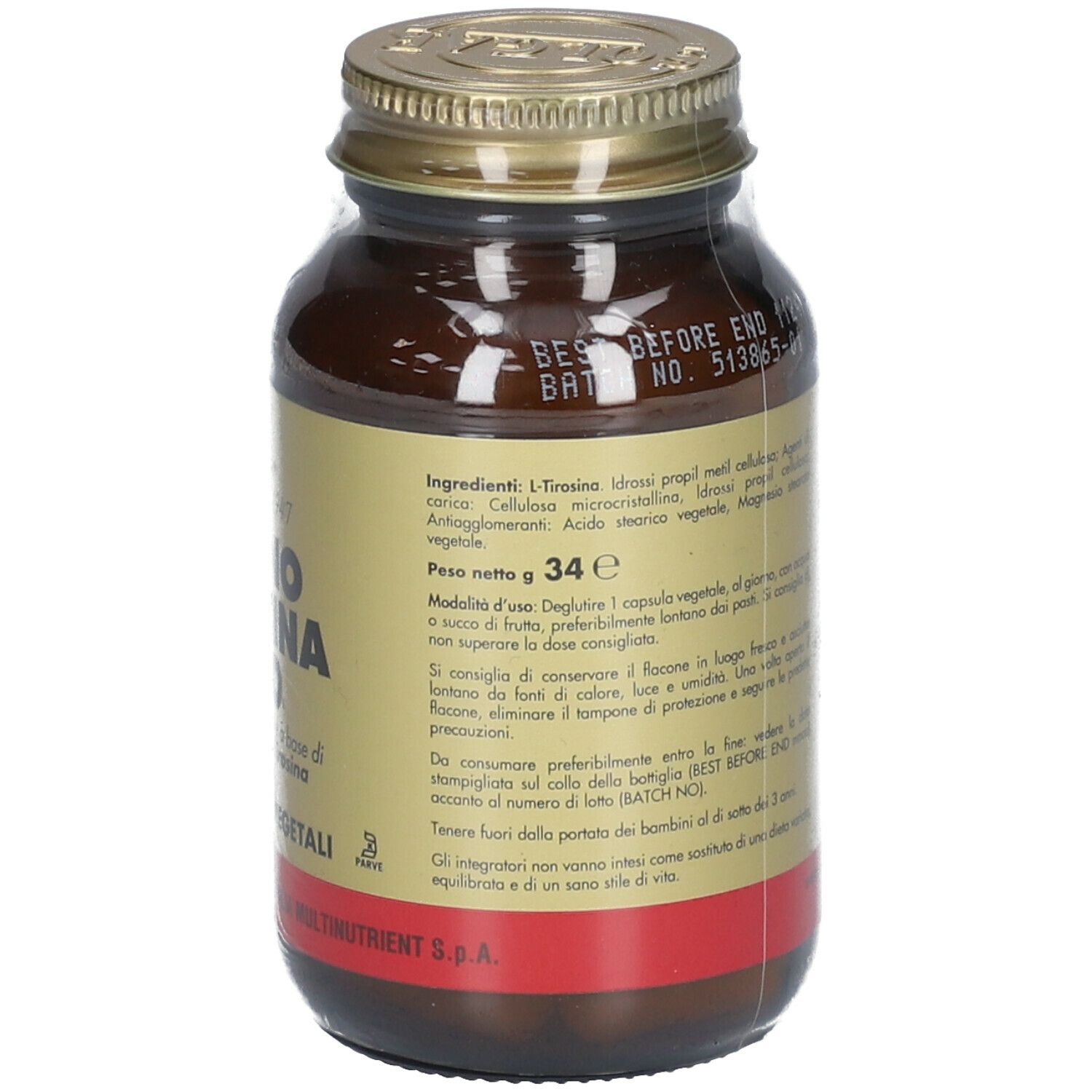 Flacone di vetro marrone con tappo dorato. L'etichetta indica: Amino Tirosina 500, 50 capsule.