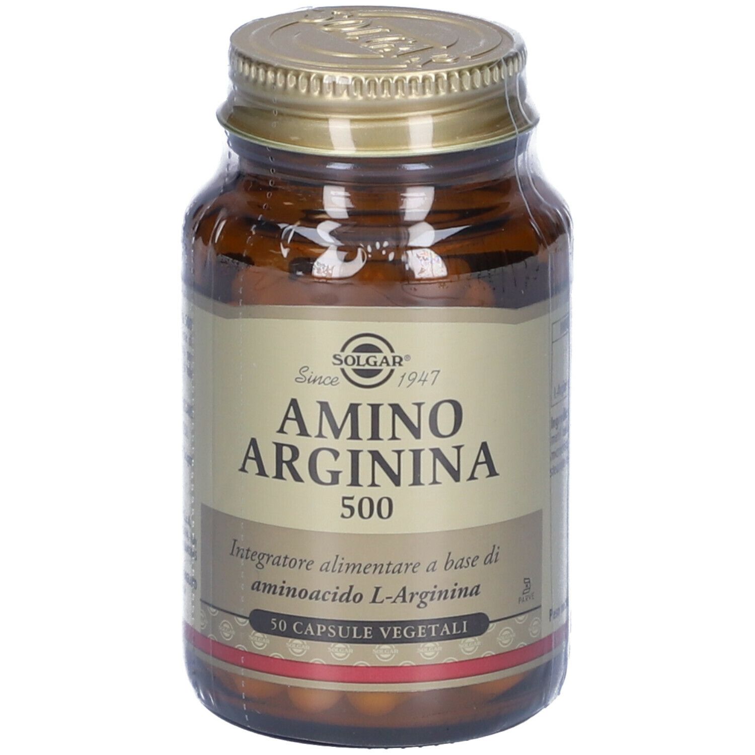 Flacone di vetro marrone con tappo dorato. Scritta: SOLGAR Amino Arginina 500. 50 capsule.