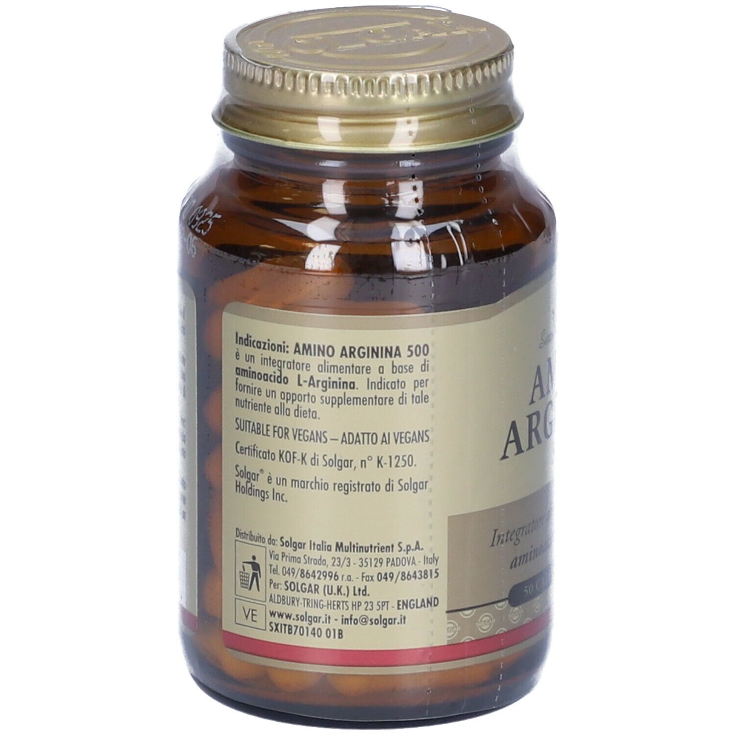 Retro di un flacone di vetro marrone. Scritta: Amino Arginina 500. Adatto ai vegani. Certificazione KOF-K.
