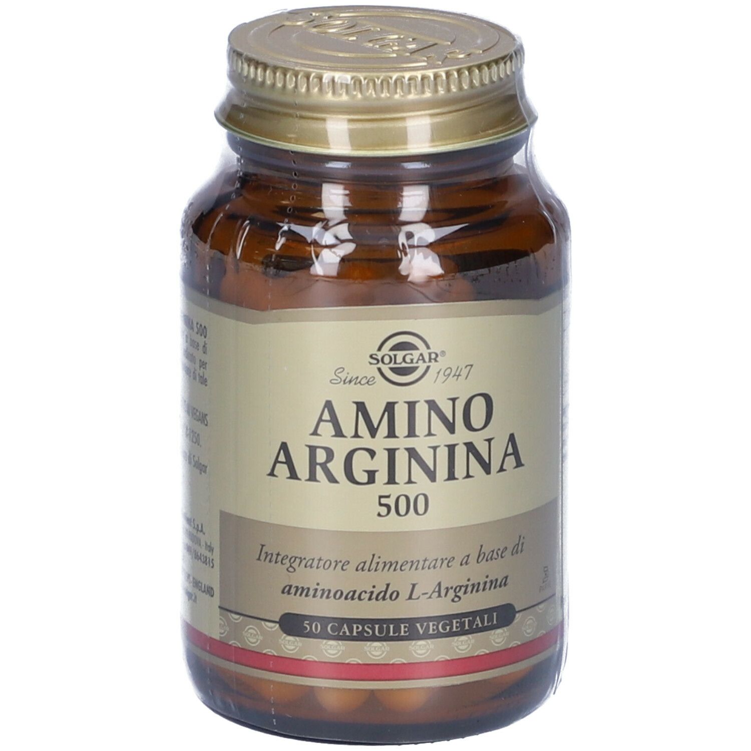 Flacone di vetro marrone con tappo dorato. Scritta: SOLGAR Amino Arginina 500. 50 capsule.