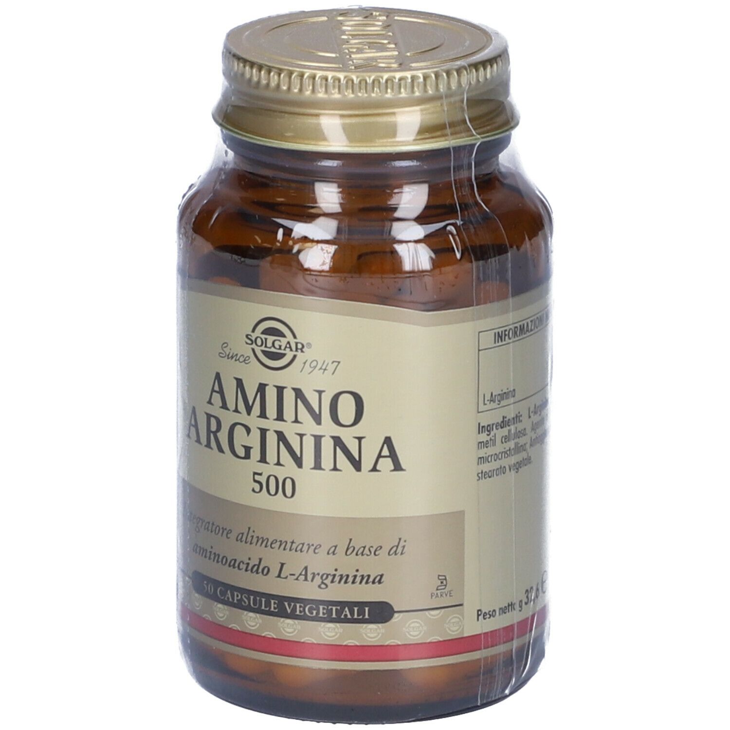 Flacone di vetro marrone con tappo dorato. Scritta: SOLGAR Amino Arginina 500. 50 capsule. Etichetta con ingredienti.