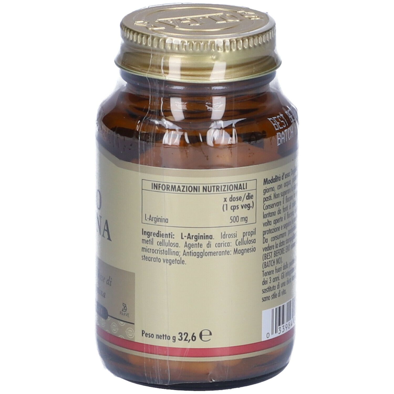 Retro del flacone. Scritta: Informazioni nutrizionali. Ingredienti: L-Arginina, cellulosa microcristallina, magnesio stearato.