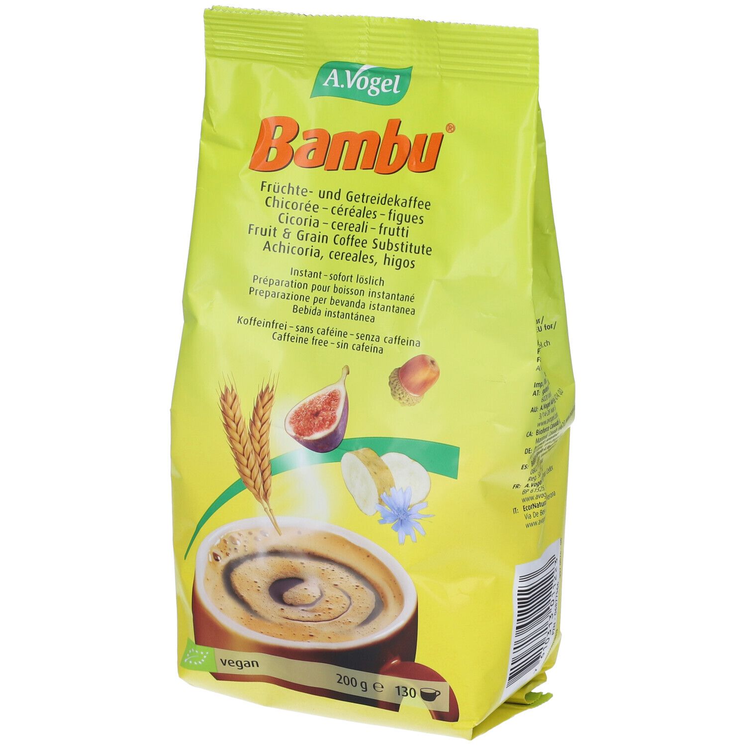 Confezione gialla di A.Vogel Bambu. Scritta: Bambu, sostituto di caffè ai cereali e frutta. Immagine di fico, spiga, cicoria.
