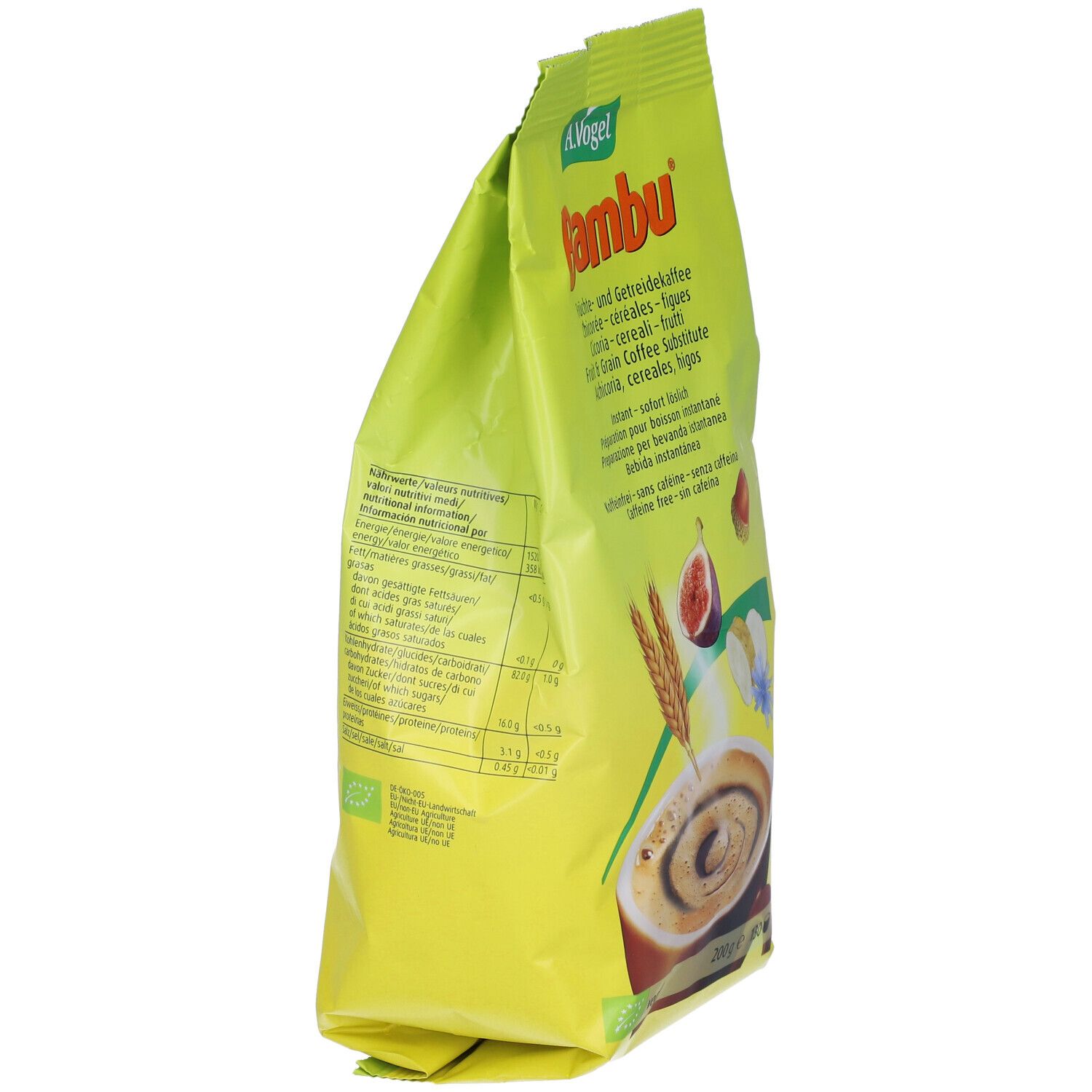 Confezione gialla A.Vogel Bambu, vista laterale. Testo con informazioni nutrizionali e ingredienti. Immagine di fico, spiga, cicoria.