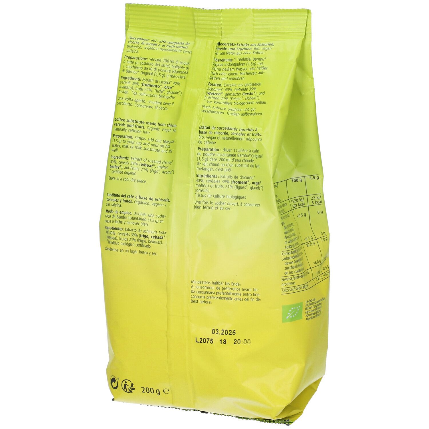 Retro della confezione gialla A.Vogel Bambu. Testo con ingredienti e istruzioni per la preparazione. Sigillo biologico.