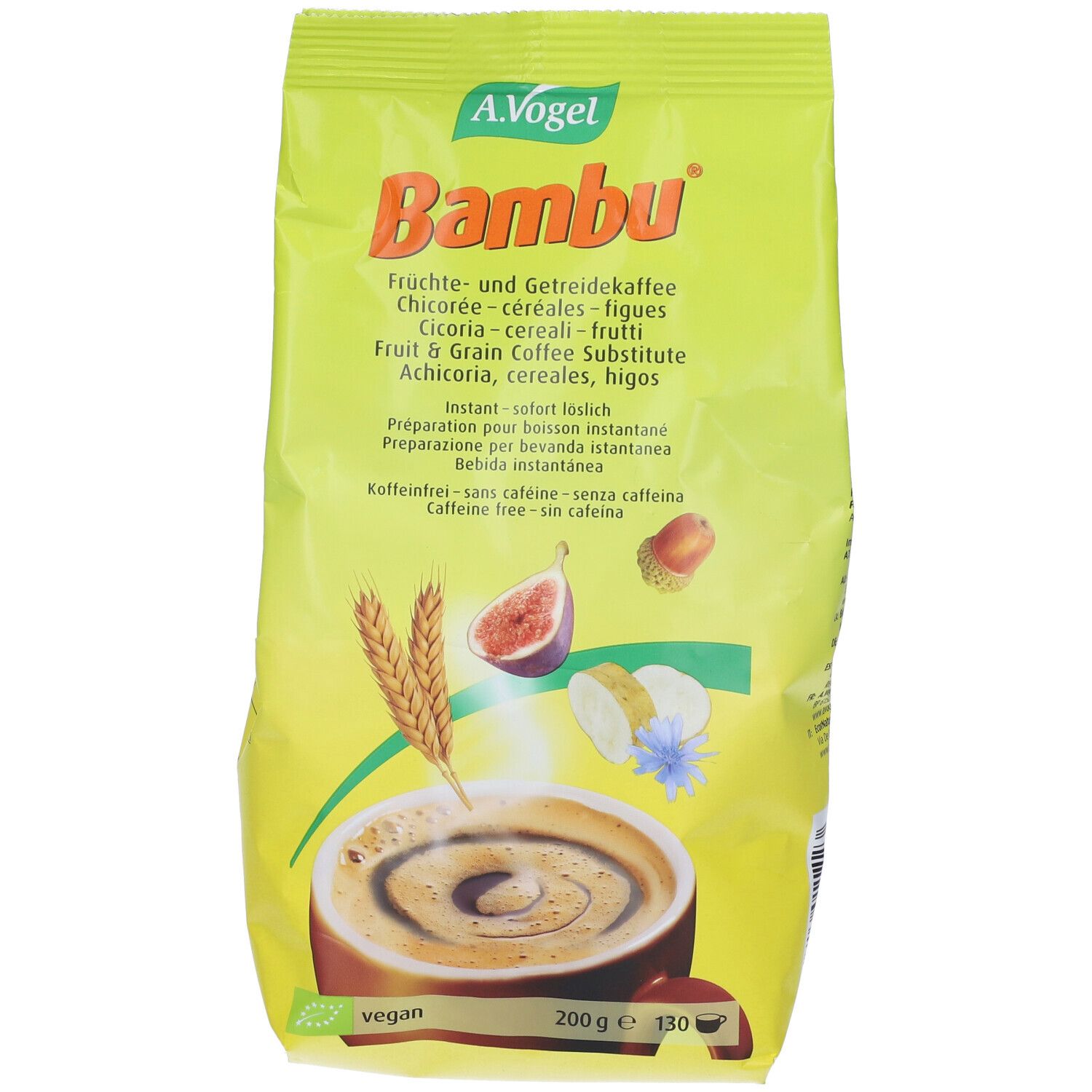 Confezione gialla di A.Vogel Bambu. Scritta: Bambu, sostituto di caffè ai cereali e frutta. Immagine di fico, spiga, cicoria.