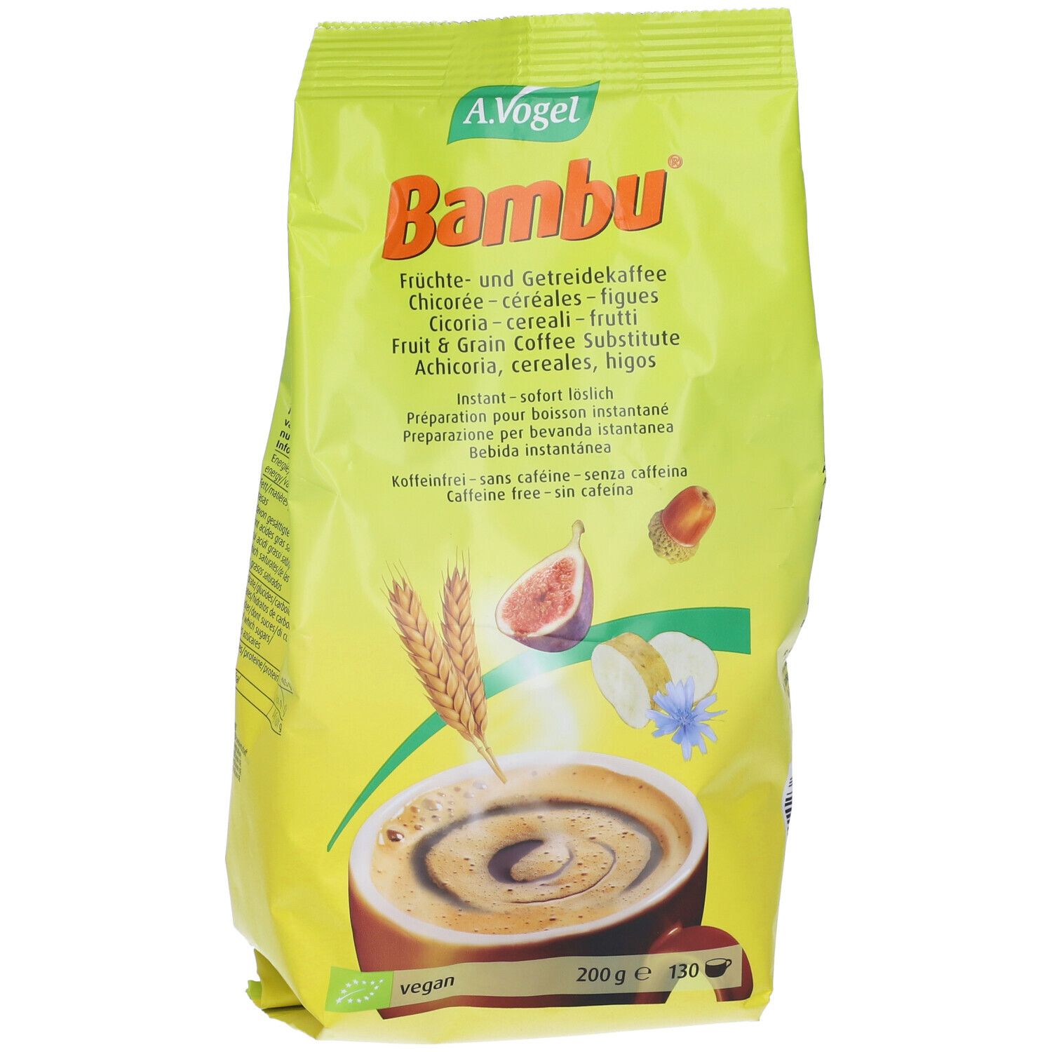 Confezione gialla di A.Vogel Bambu. Scritta: Bambu, sostituto di caffè ai cereali e frutta. Immagine di fico, spiga, cicoria.