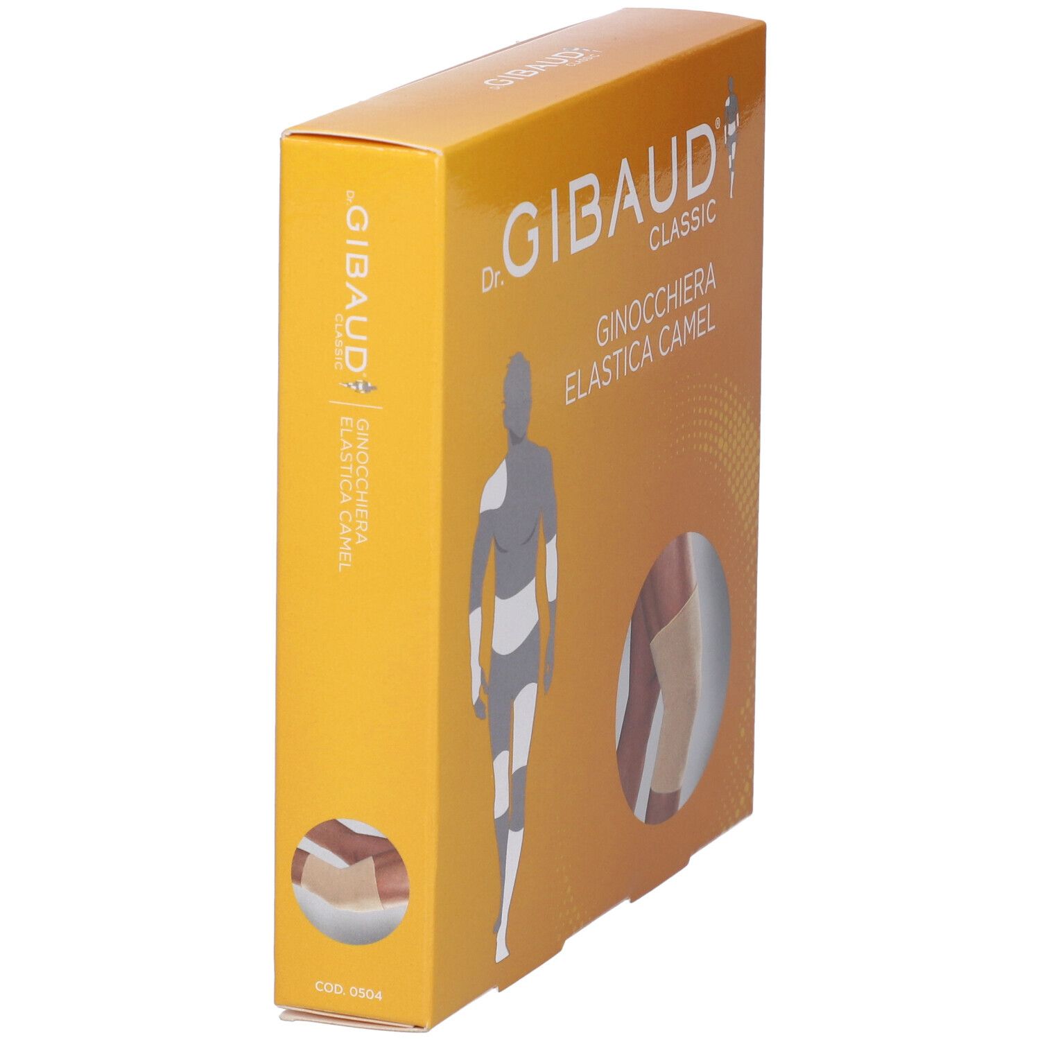 Seitenansicht der Verpackung von Ginocchiera Sportiva Gibaud Camel. Aufdruck: Dr. Gibaud Classic, Ginocchiera Elastica Camel. Abbildung des Knieschutzes.