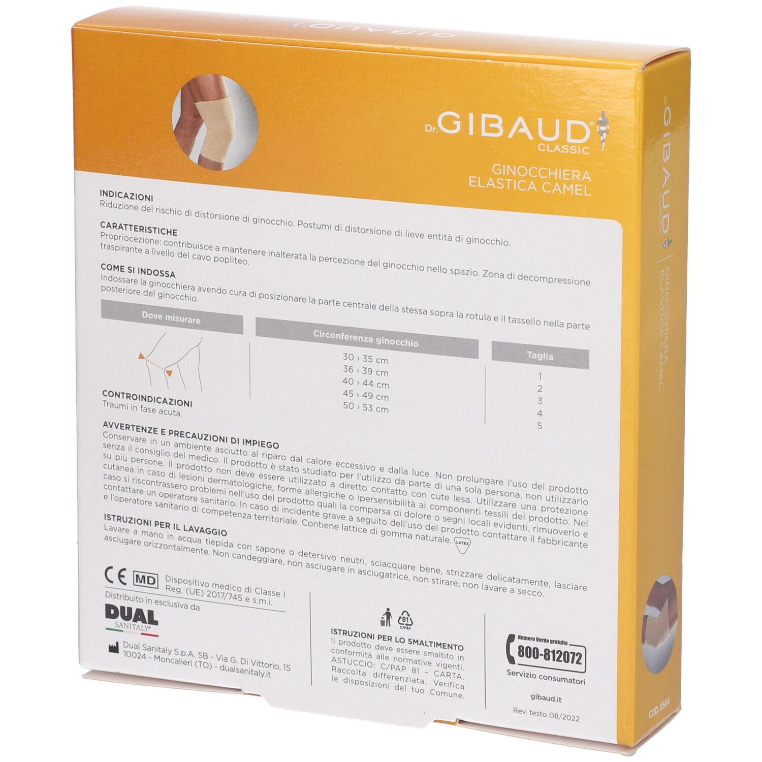 Rückseite der Verpackung von Ginocchiera Sportiva Gibaud Camel. Text in italienischer Sprache. Abbildung des Knieschutzes und Größentabelle.