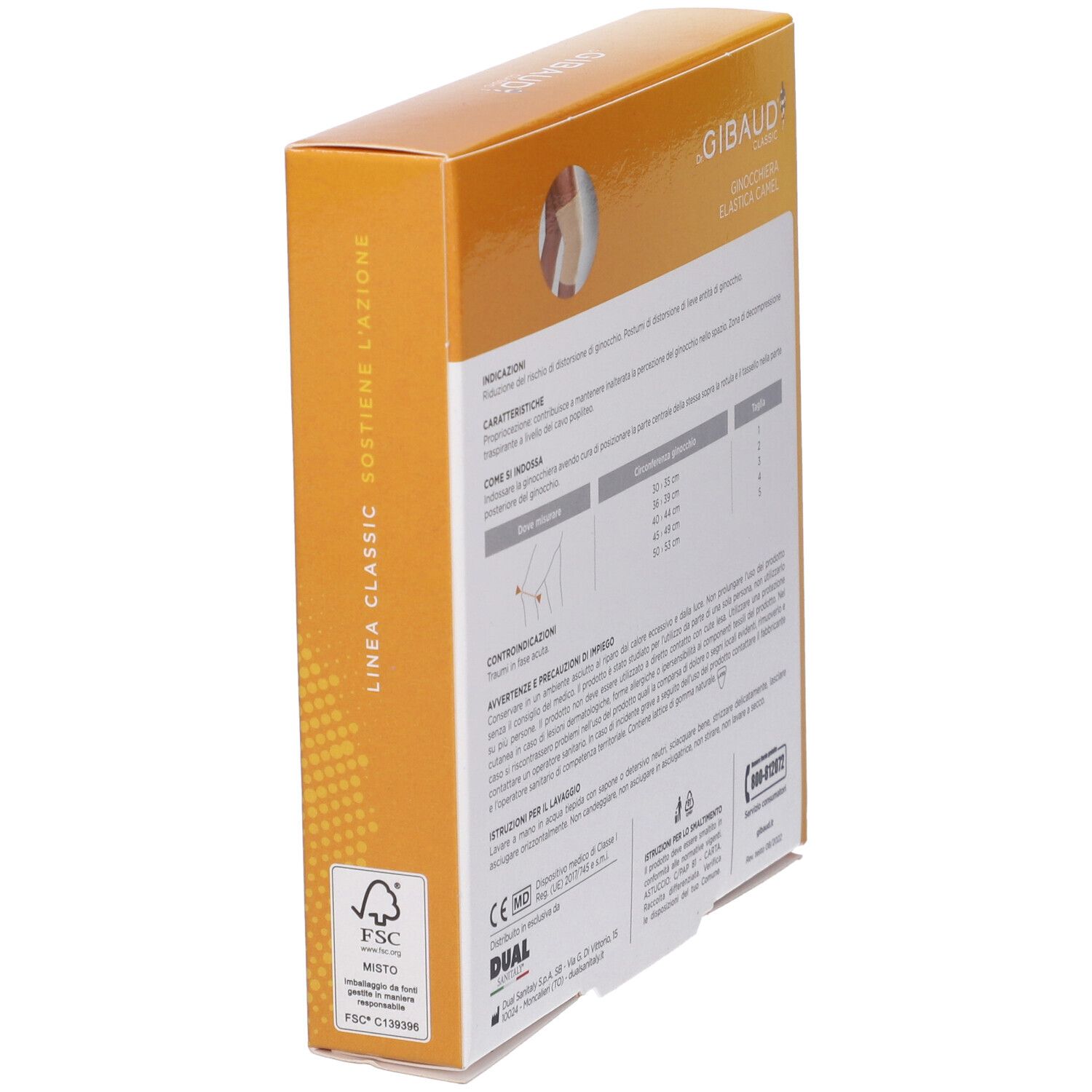 Seitenansicht der Verpackung von Ginocchiera Sportiva Gibaud Camel. Text in italienischer Sprache. FSC-Logo und CE-Kennzeichnung.