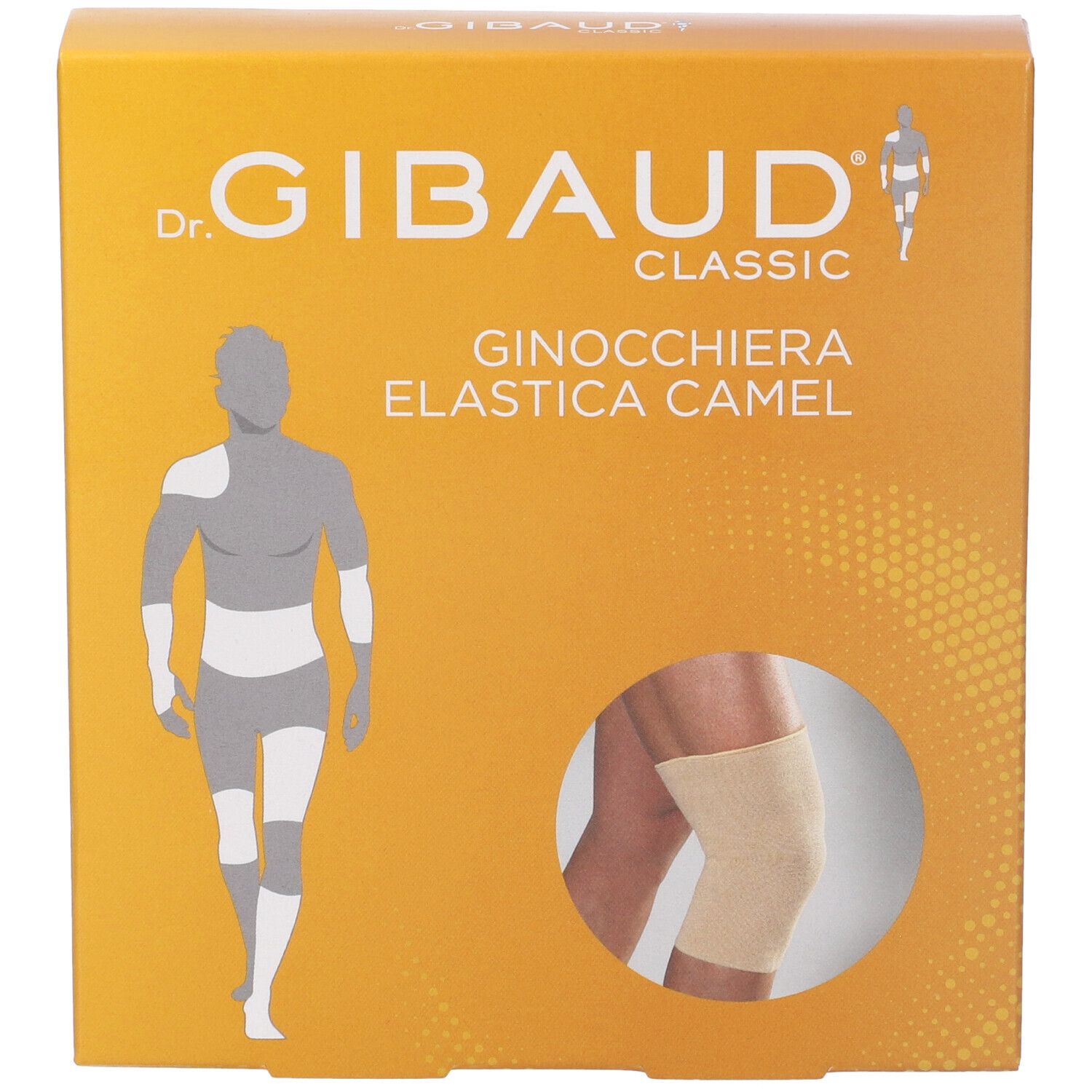 Verpackung der Ginocchiera Sportiva Gibaud Camel. Aufdruck: Dr. Gibaud Classic, Ginocchiera Elastica Camel. Abbildung eines Knieschutzes.