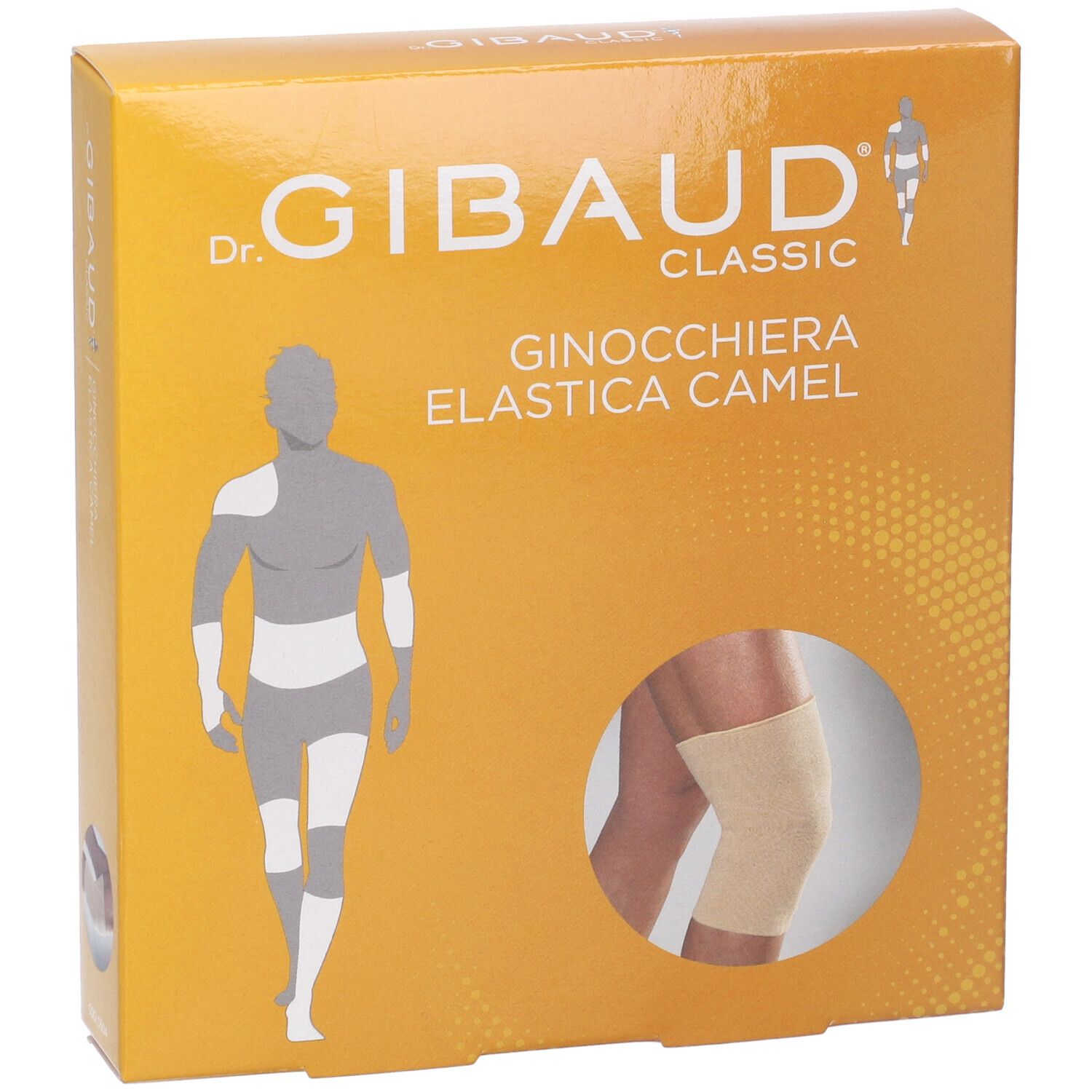 Verpackung der Ginocchiera Sportiva Gibaud Camel. Aufdruck: Dr. Gibaud Classic, Ginocchiera Elastica Camel. Abbildung eines Knieschutzes.