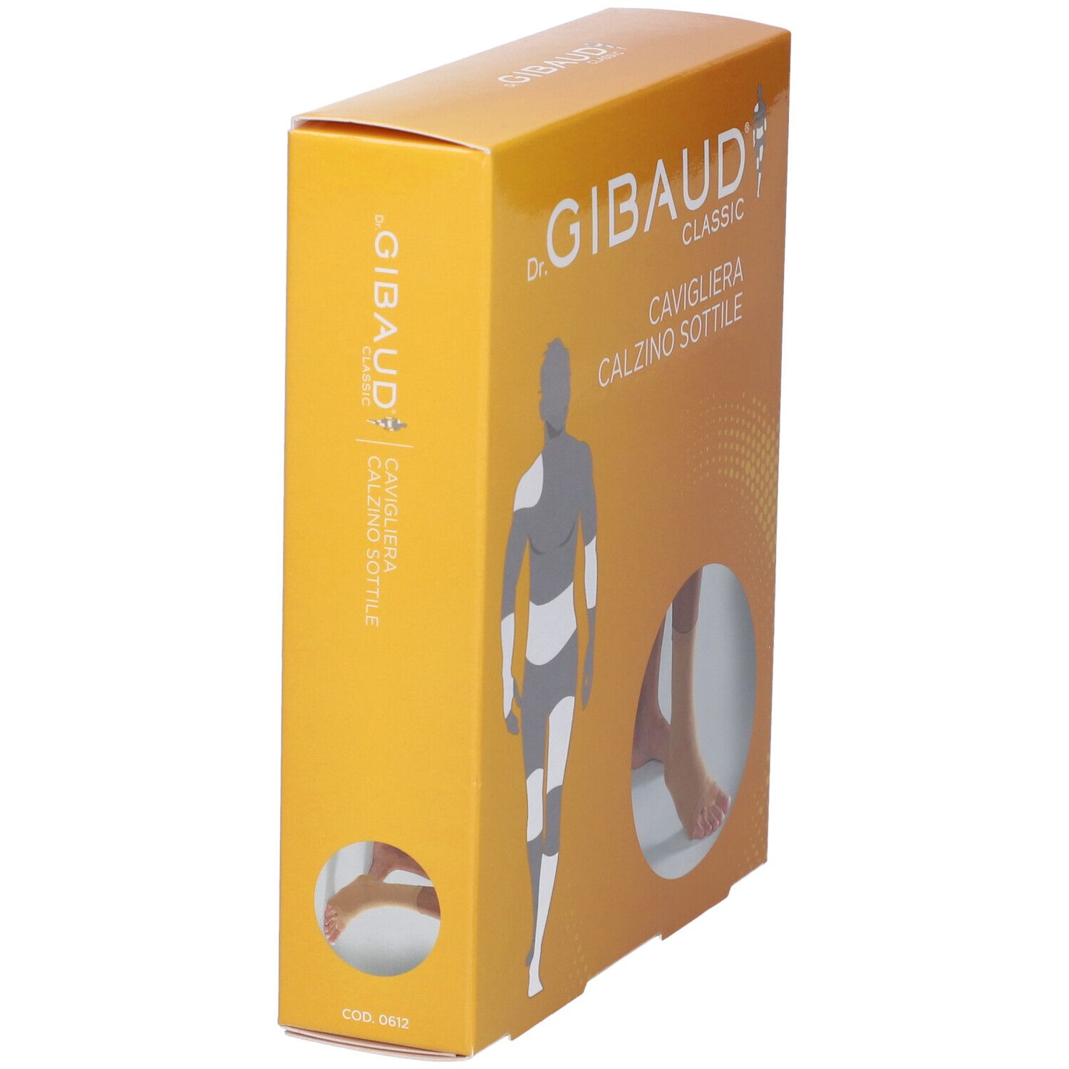 Verpackung mit Knöchelbandage. Marke Dr. Gibaud Classic. Produktname: Cavigliera Calzino Sottile. Sichtfenster mit Fuß und Bandage.