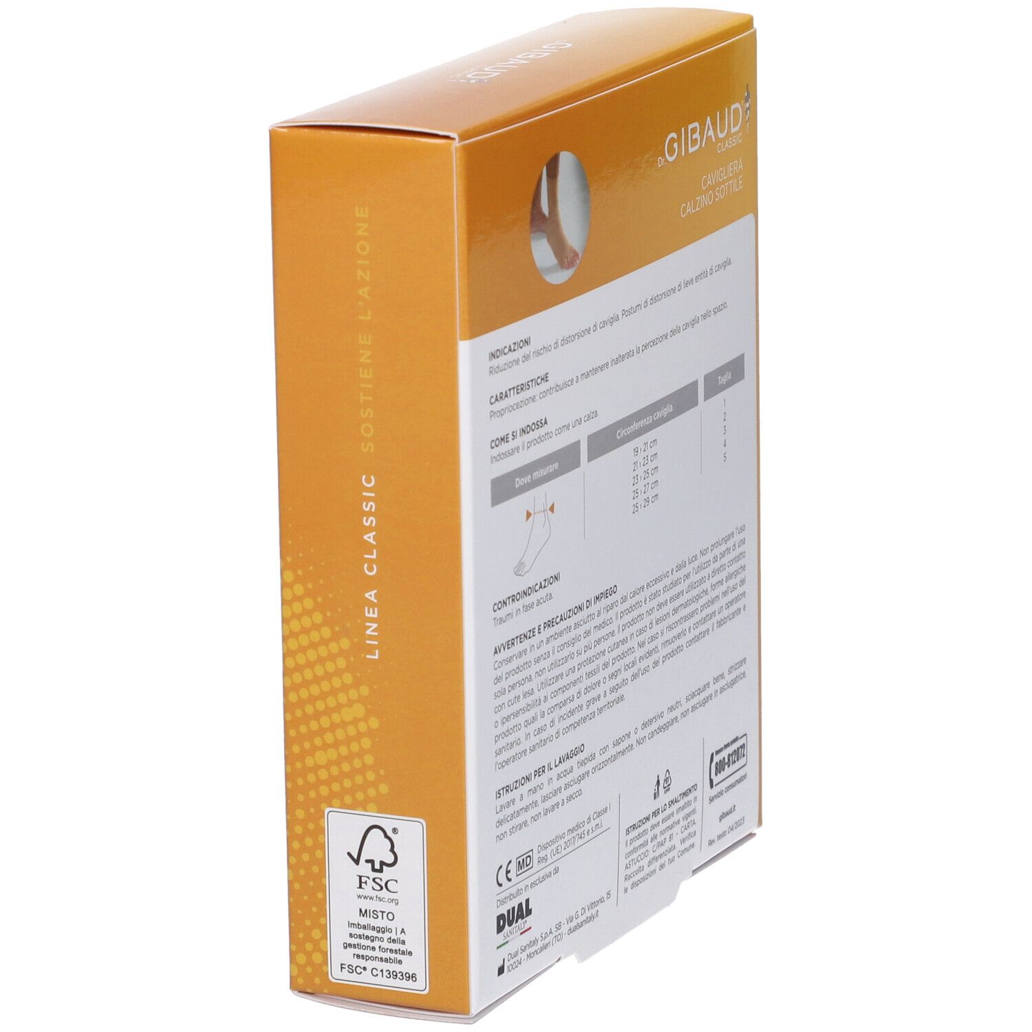 Verpackung mit Knöchelbandage. Marke Dr. Gibaud Classic. Produkt: Cavigliera Calzino Sottile. FSC-Logo und CE-Kennzeichnung.