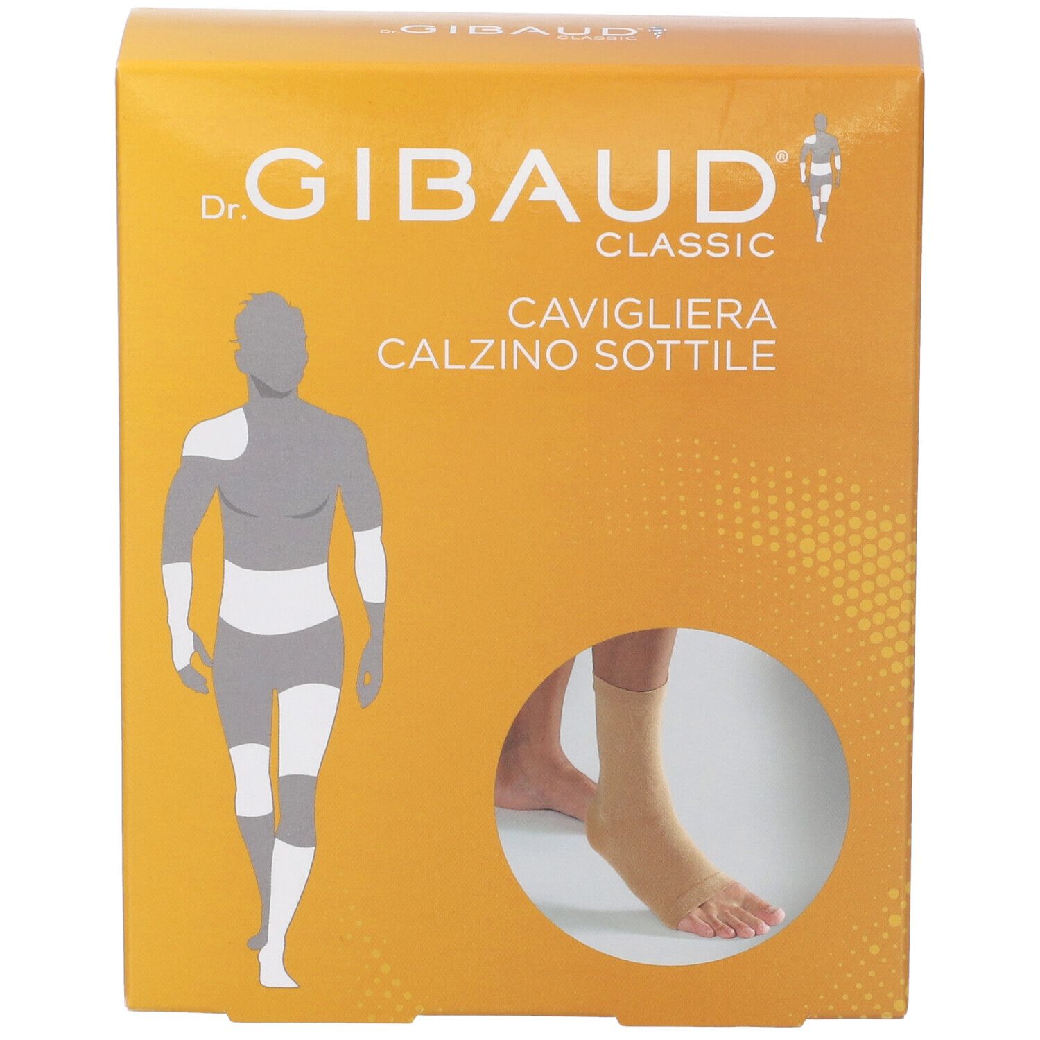 Verpackung mit Knöchelbandage. Marke Dr. Gibaud Classic. Produkt: Cavigliera Calzino Sottile. Beige Bandage am Fuß sichtbar.
