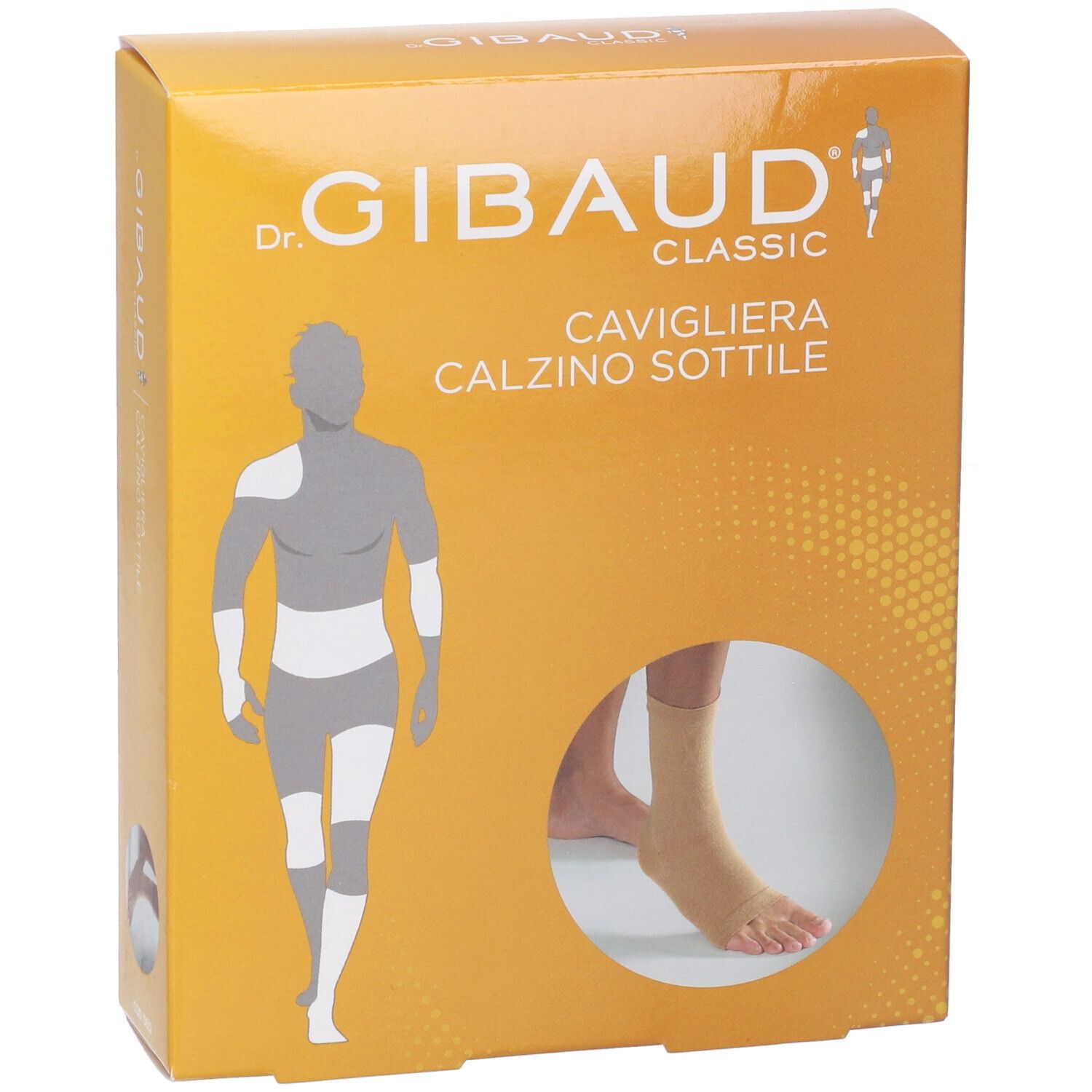 Verpackung mit Knöchelbandage. Marke Dr. Gibaud Classic. Produkt: Cavigliera Calzino Sottile. Beige Bandage am Fuß sichtbar.