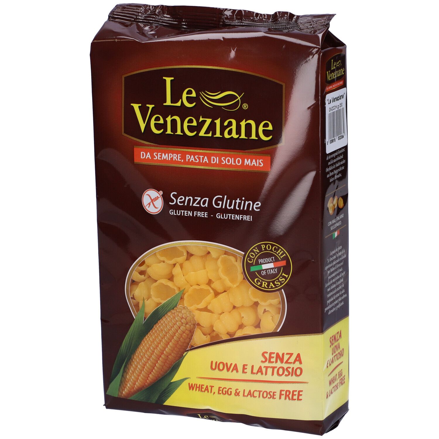 Confezione di Le Veneziane Gnocchi. Senza glutine, senza uova e lattosio. Pasta di mais.