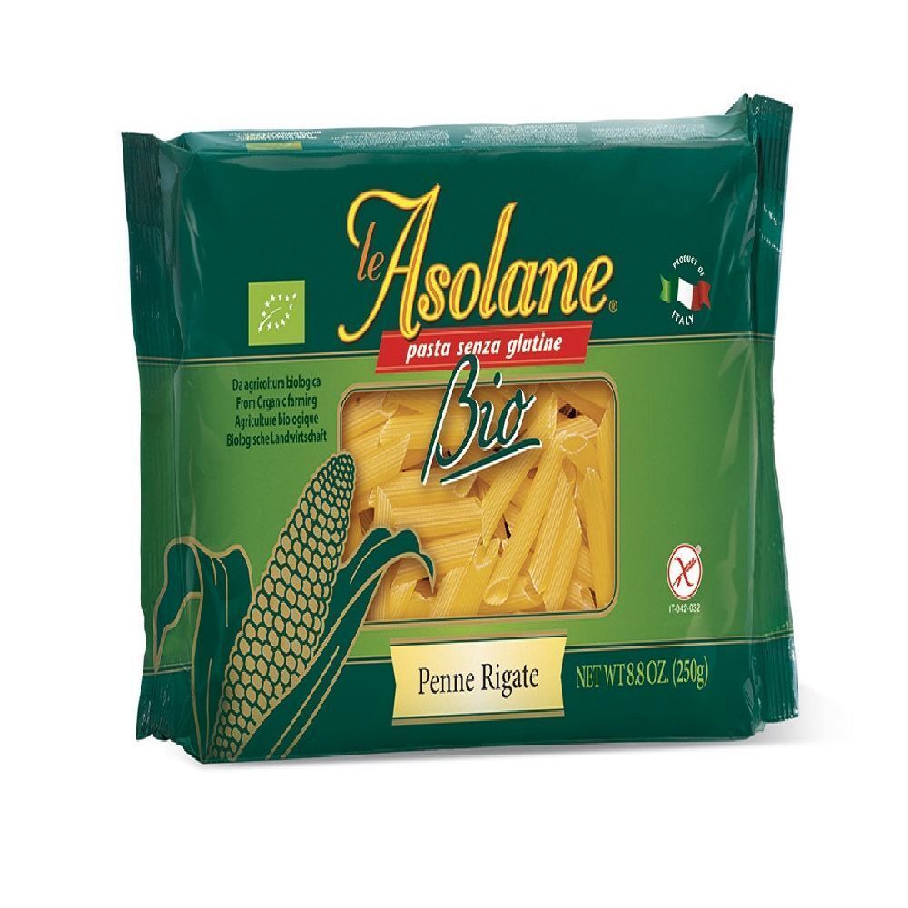 Confezione verde di Penne Rigate. Scritta: Le Asolane, Bio, senza glutine. Illustrazione di pannocchia.