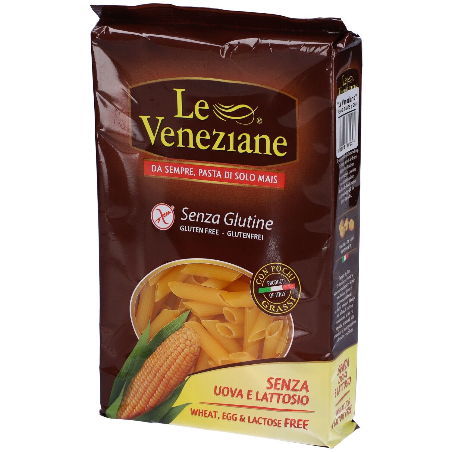 Confezione marrone di penne. Scritta: Le Veneziane, senza glutine, senza uova e lattosio. Illustrazione di mais.