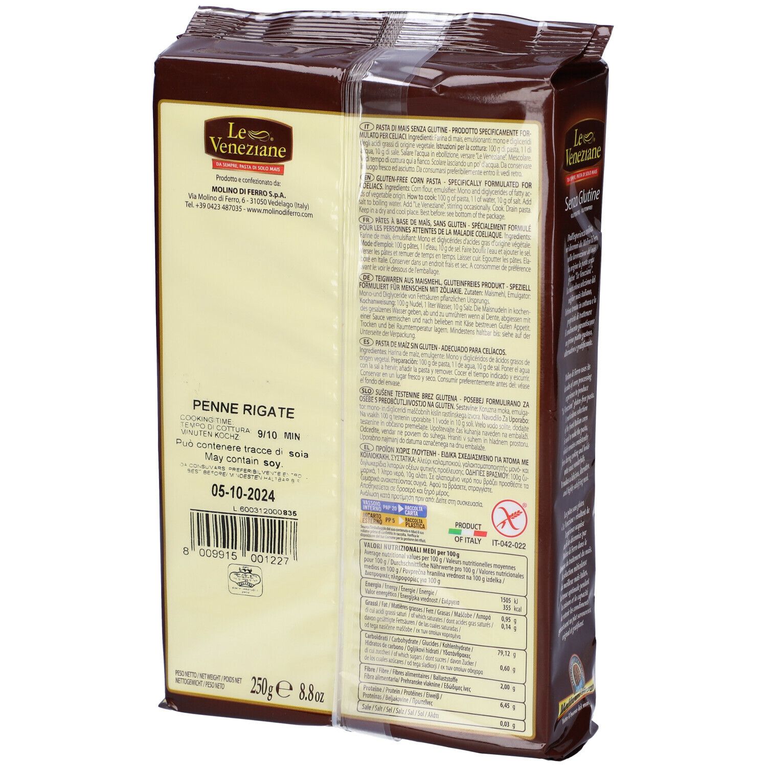 Confezione marrone di Penne Rigate. Retro con testo e valori nutrizionali. Scritta: Le Veneziane, senza glutine.