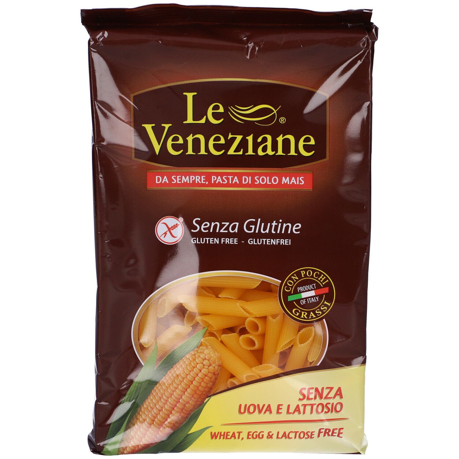 Confezione marrone di penne. Scritta: Le Veneziane, senza glutine, senza uova e lattosio. Illustrazione di mais.