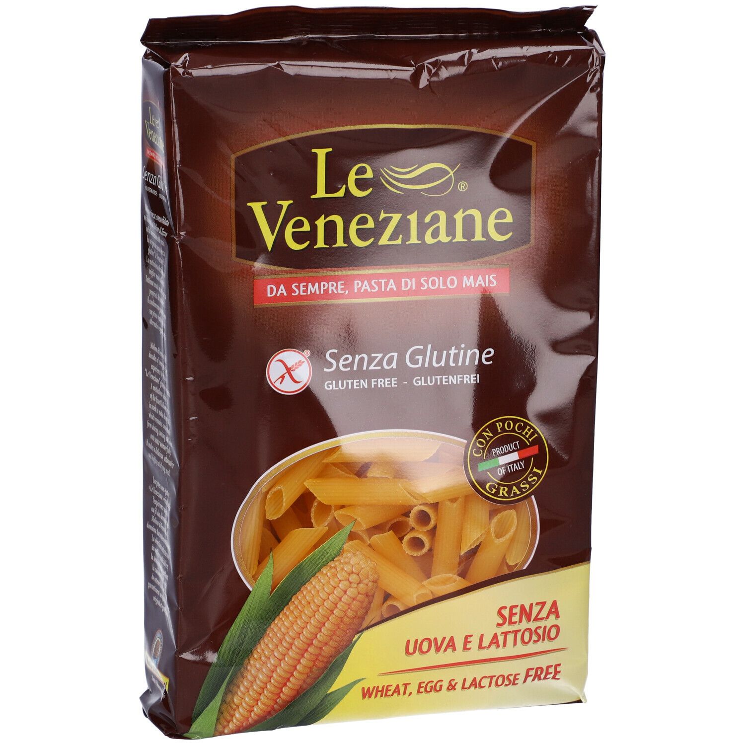 Confezione marrone di penne. Scritta: Le Veneziane, senza glutine, senza uova e lattosio. Illustrazione di mais.