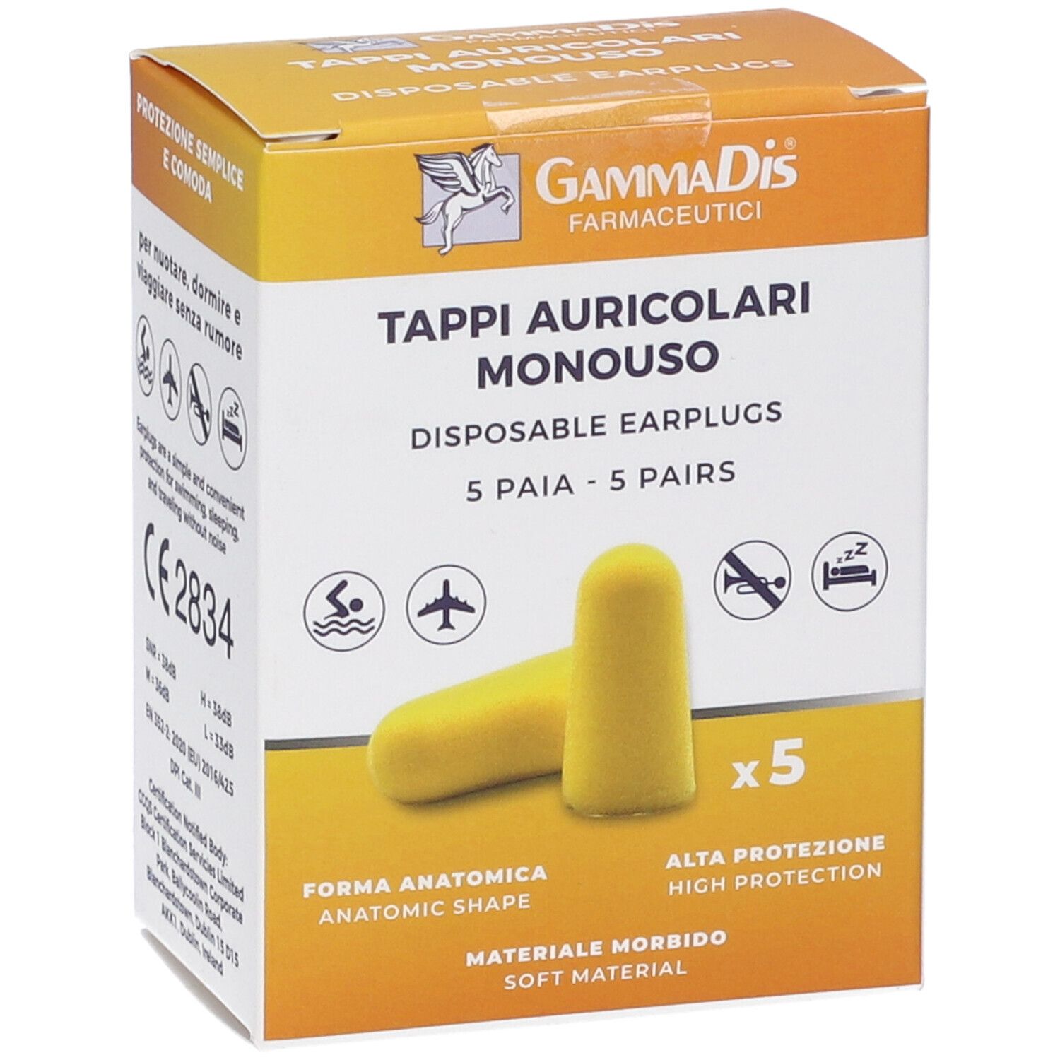 Gelbe Ohrstöpsel und Schachtel. Aufschrift: Tappi Auricolari Monouso, 5 Paia. CE 2834-Zertifizierung.