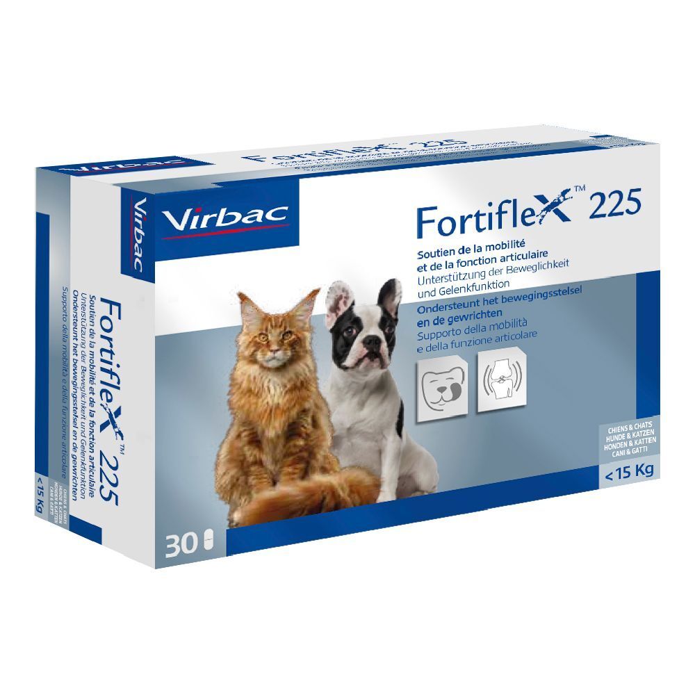 Confezione di Fortiflex 225, 30 compresse. Immagini di gatto e cane. Marchio Virbac. Supporto mobilità.