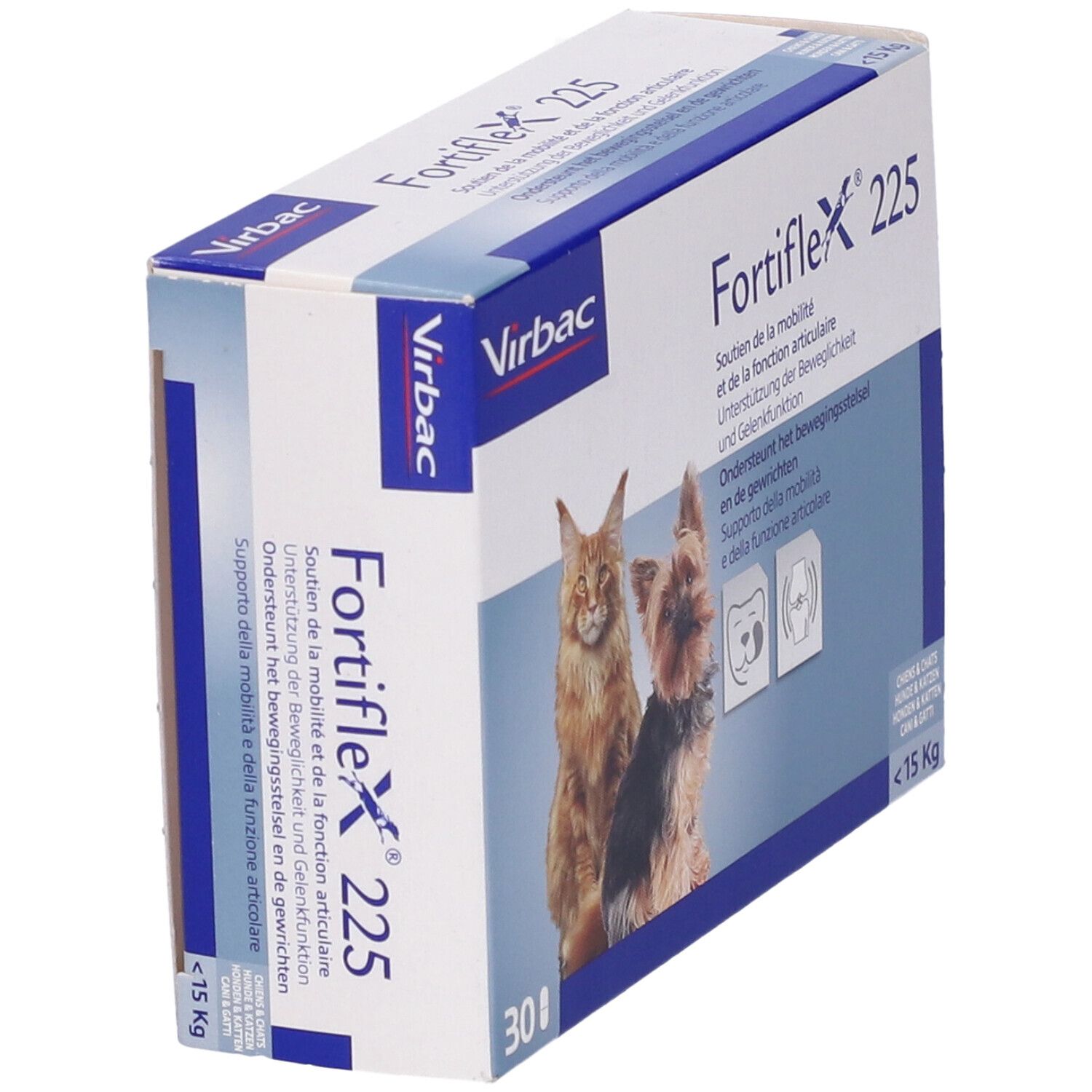 Confezione di Fortiflex 225, 30 compresse. Immagini di gatto e cane. Marchio Virbac. Supporto mobilità.