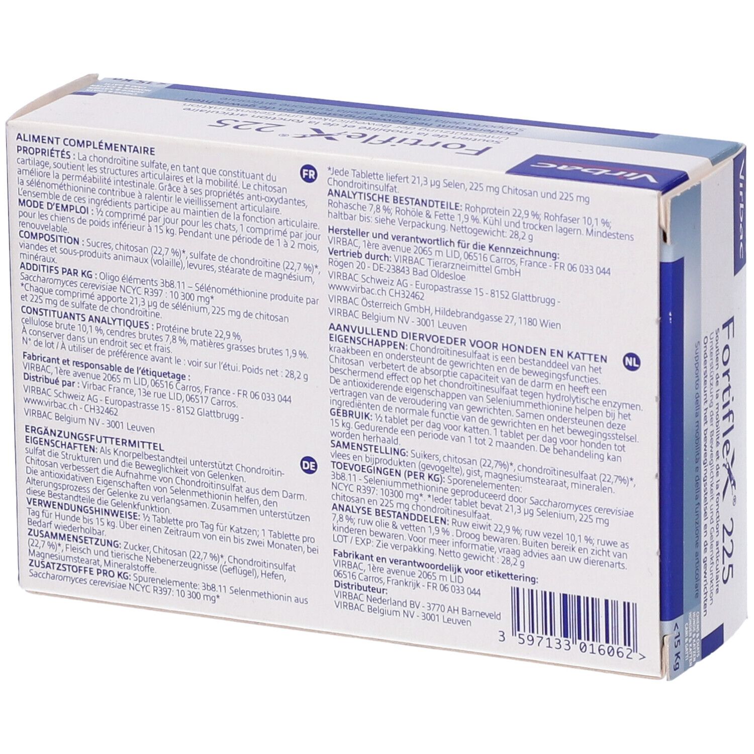 Retro confezione Fortiflex 225. Testo multilingue. Ingredienti e informazioni produttore.