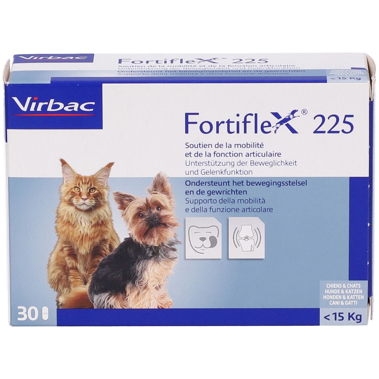 Confezione di Fortiflex 225, 30 compresse. Immagini di gatto e cane. Marchio Virbac. Supporto mobilità.