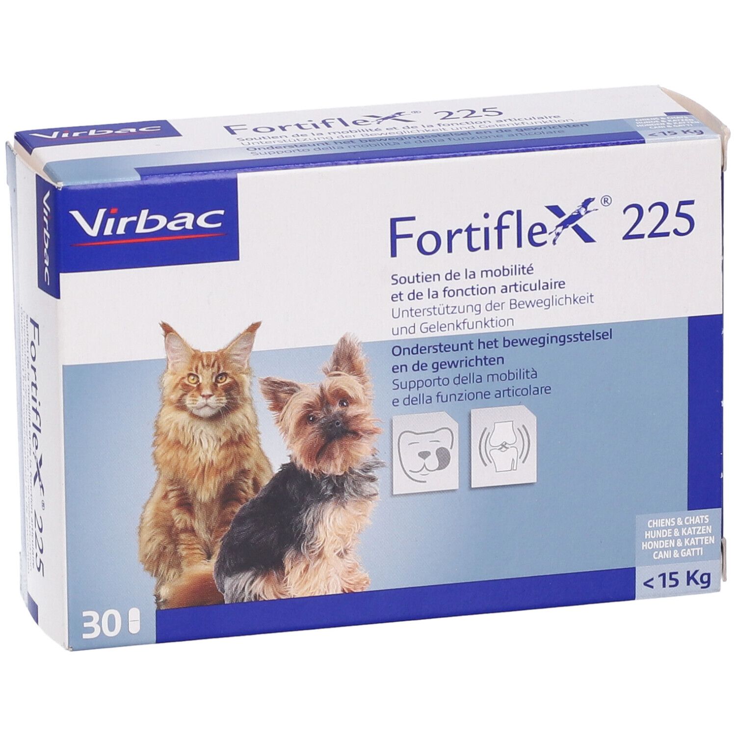 Confezione di Fortiflex 225, 30 compresse. Immagini di gatto e cane. Marchio Virbac. Supporto mobilità.