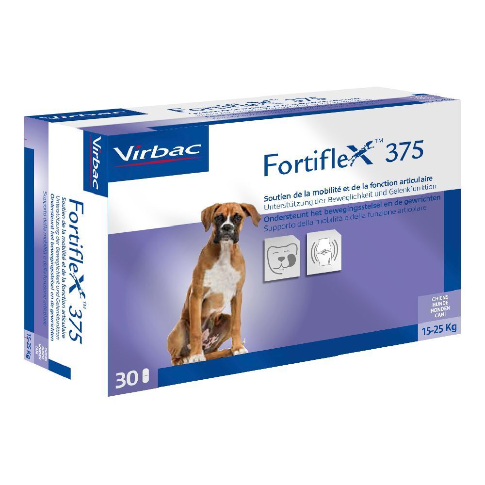 Confezione di Fortiflex 375. Contiene 30 compresse. Immagine di cane. Supporto della mobilità e della funzione articolare.