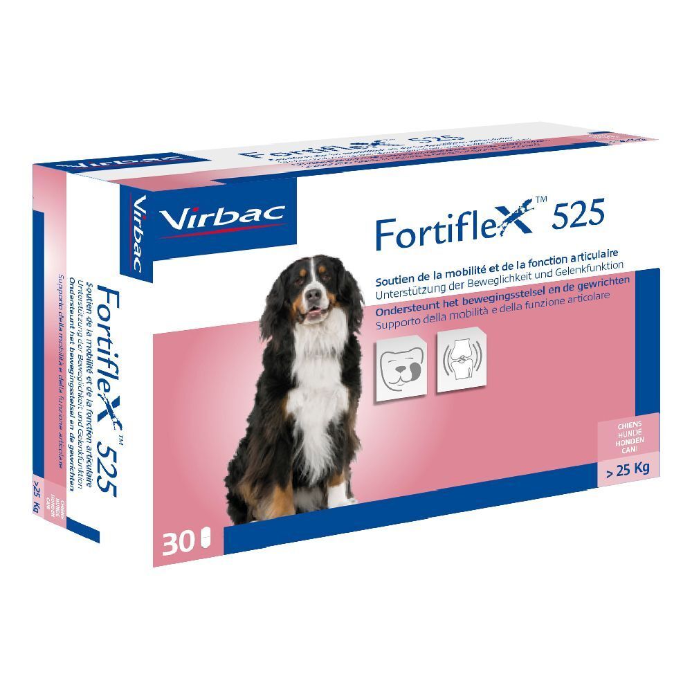 Confezione Virbac Fortiflex 525. Scatola con nome del prodotto, immagine di cane e testo multilingue. Contiene 30 compresse.