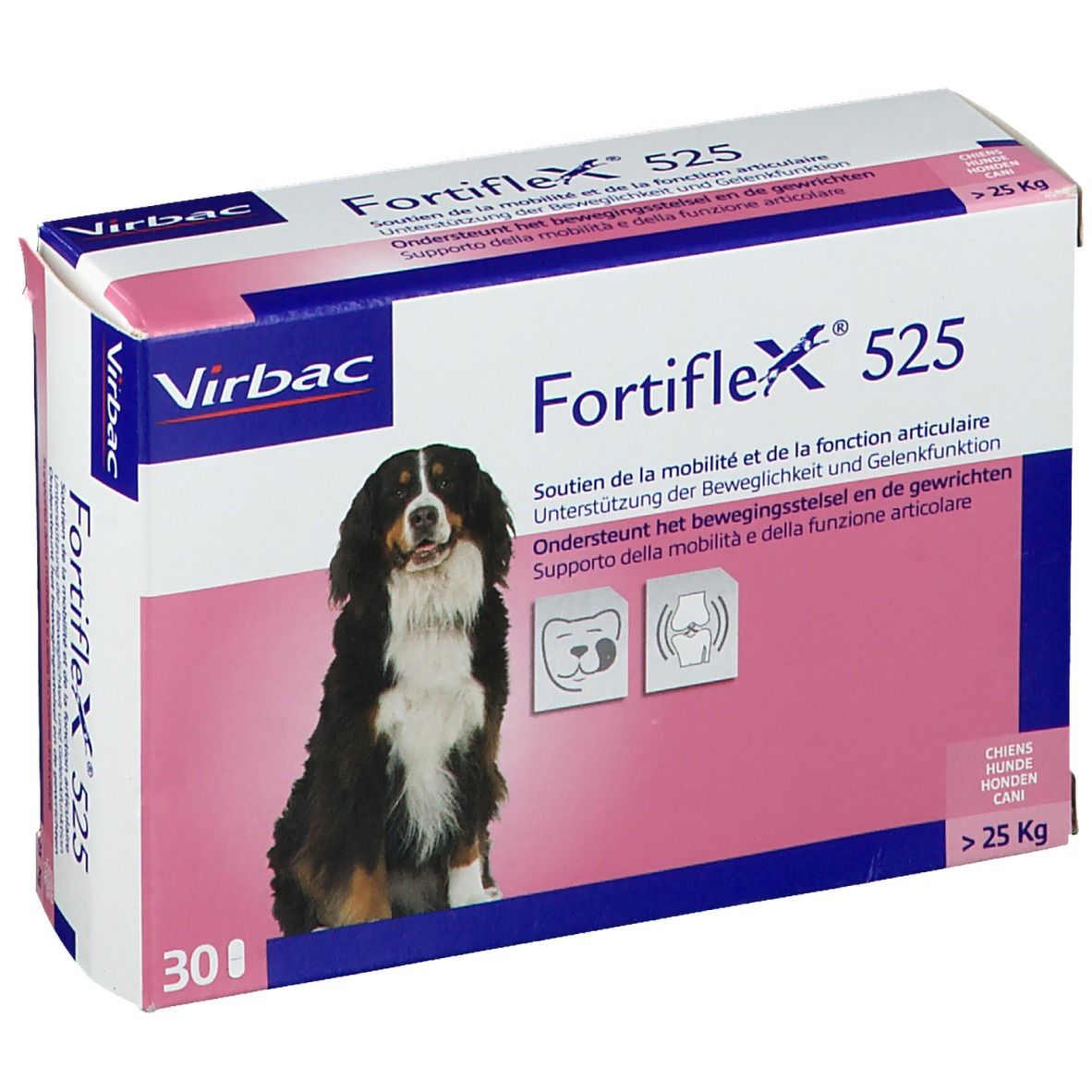 Confezione Virbac Fortiflex 525. Scatola con nome del prodotto, immagine di cane e testo multilingue. Contiene 30 compresse.