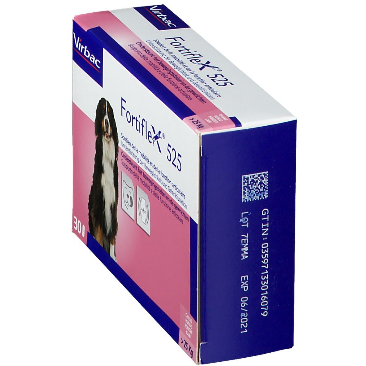 Confezione Virbac Fortiflex 525. Scatola con nome del prodotto, immagine di cane e testo multilingue. Contiene 30 compresse.