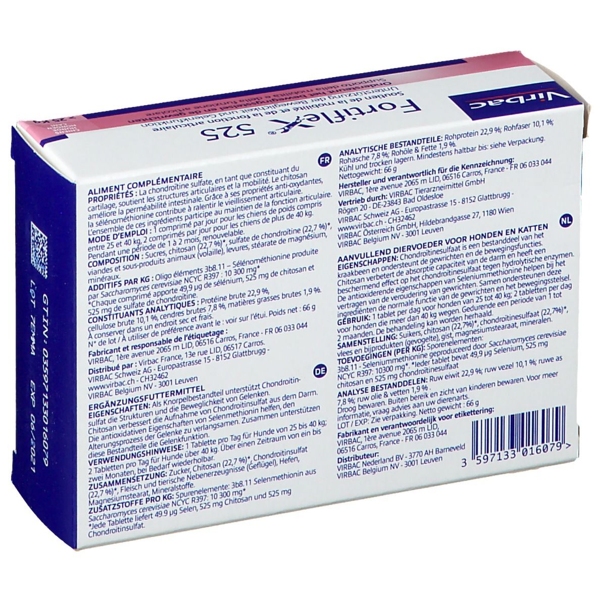 Confezione Virbac Fortiflex 525. Scatola con nome del prodotto, immagine di cane e testo multilingue. Contiene 30 compresse.