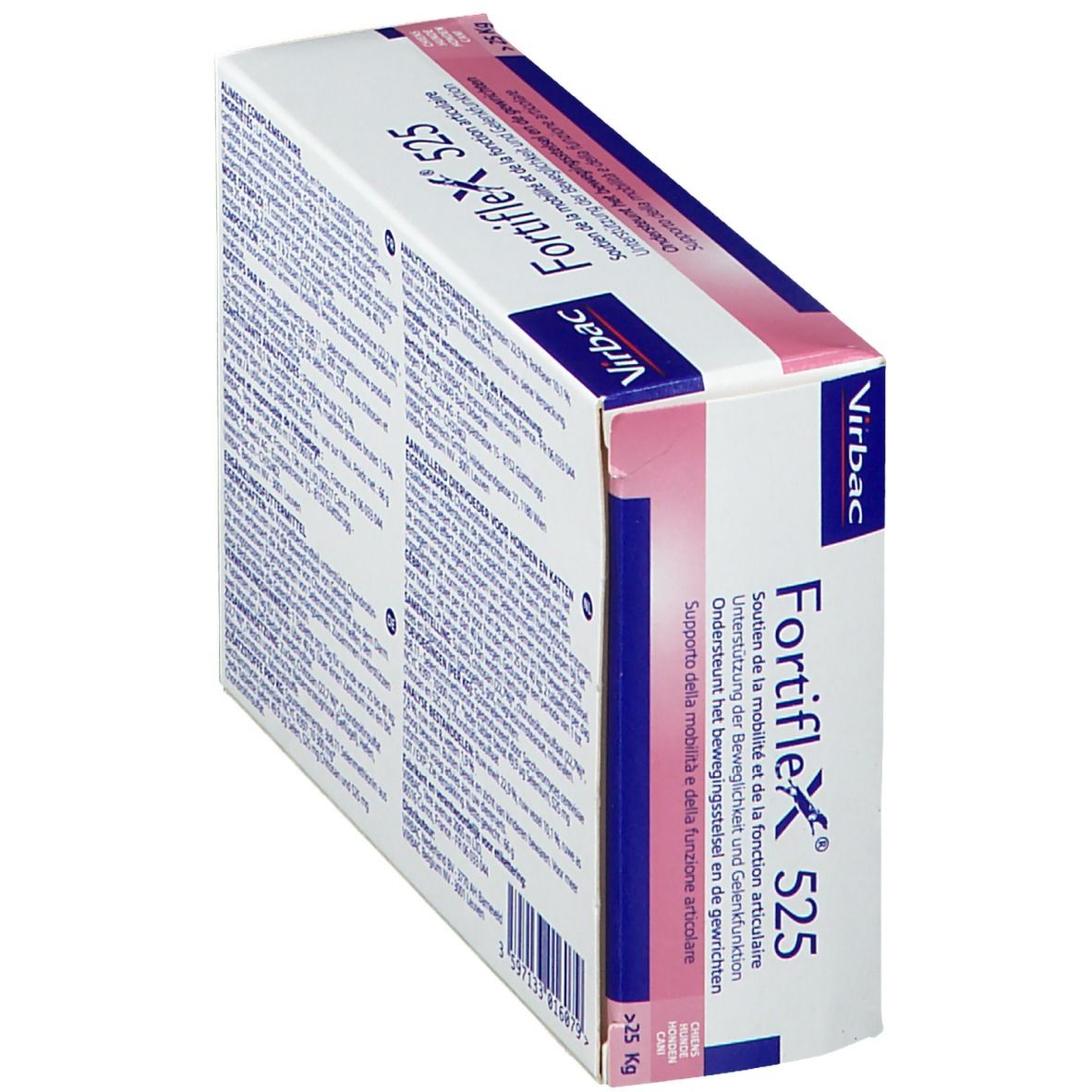 Confezione Virbac Fortiflex 525. Scatola con nome del prodotto, immagine di cane e testo multilingue. Contiene 30 compresse.
