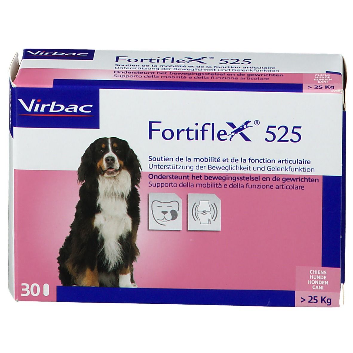 Confezione Virbac Fortiflex 525. Scatola con nome del prodotto, immagine di cane e testo multilingue. Contiene 30 compresse.