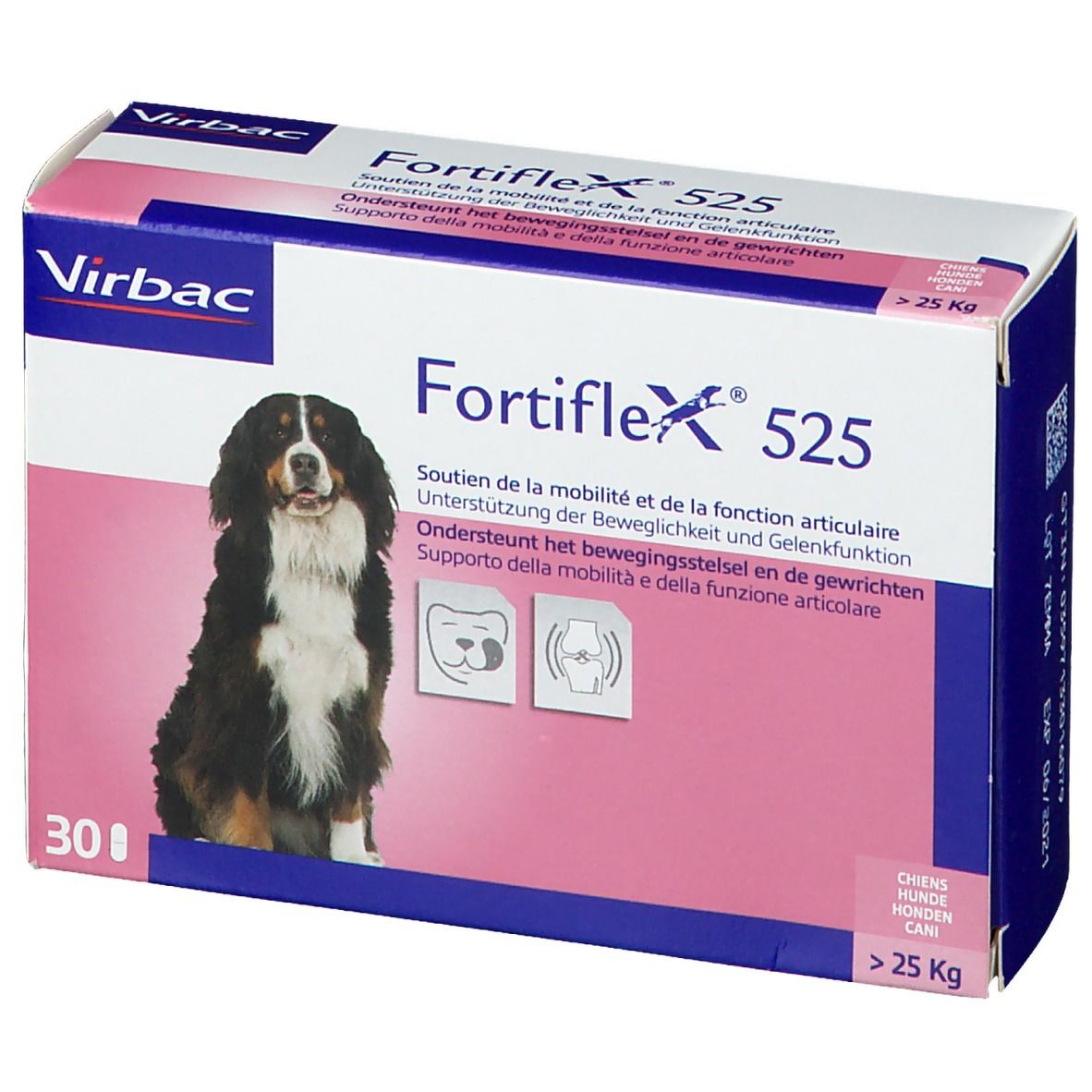 Confezione Virbac Fortiflex 525. Scatola con nome del prodotto, immagine di cane e testo multilingue. Contiene 30 compresse.