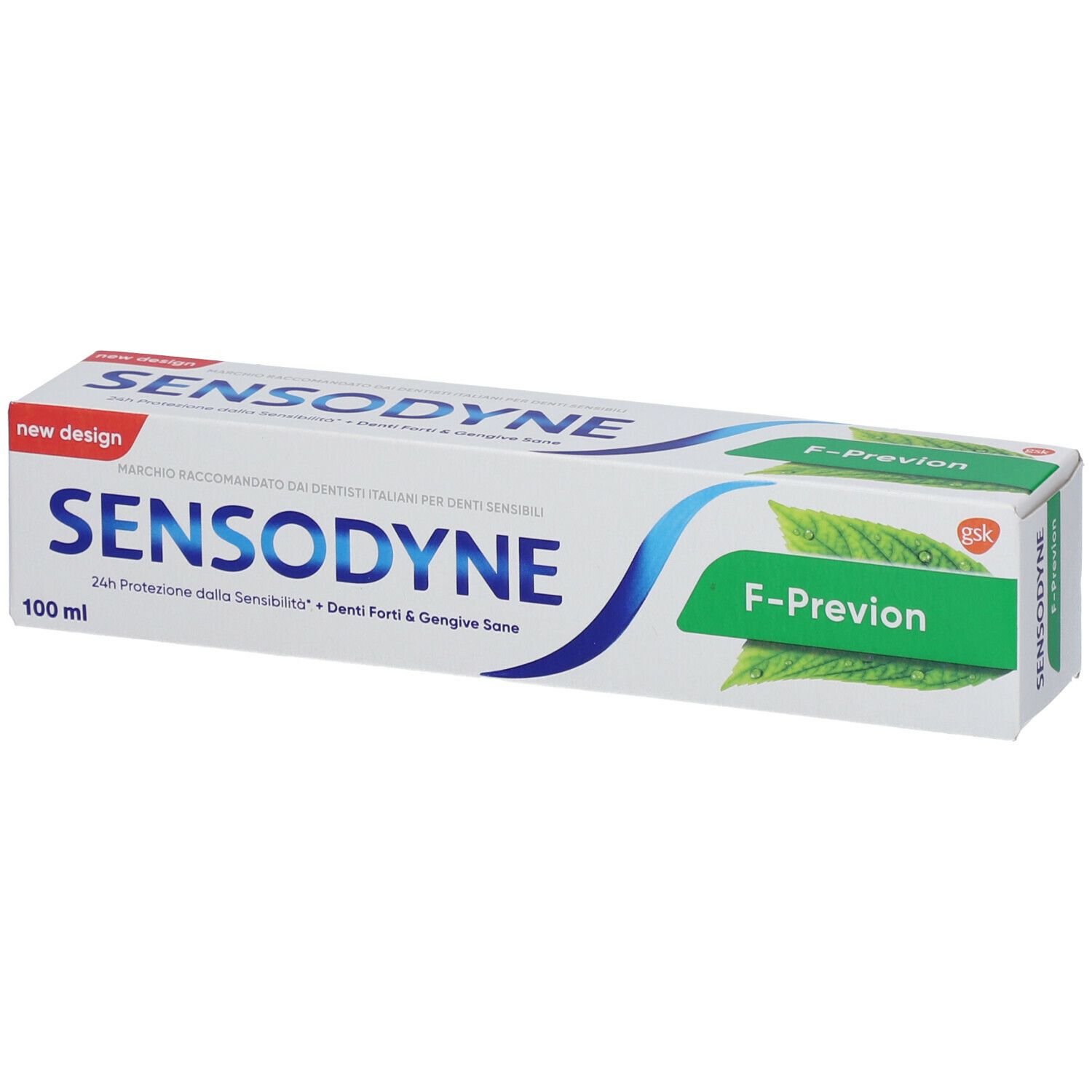 Confezione di dentifricio bianca, testo blu e verde. Sensodyne F-Prävention. 100ml.
