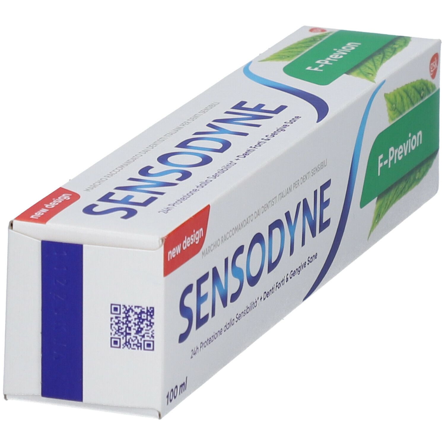 Confezione di dentifricio bianca, testo blu e verde. Sensodyne F-Prävention. 100ml.