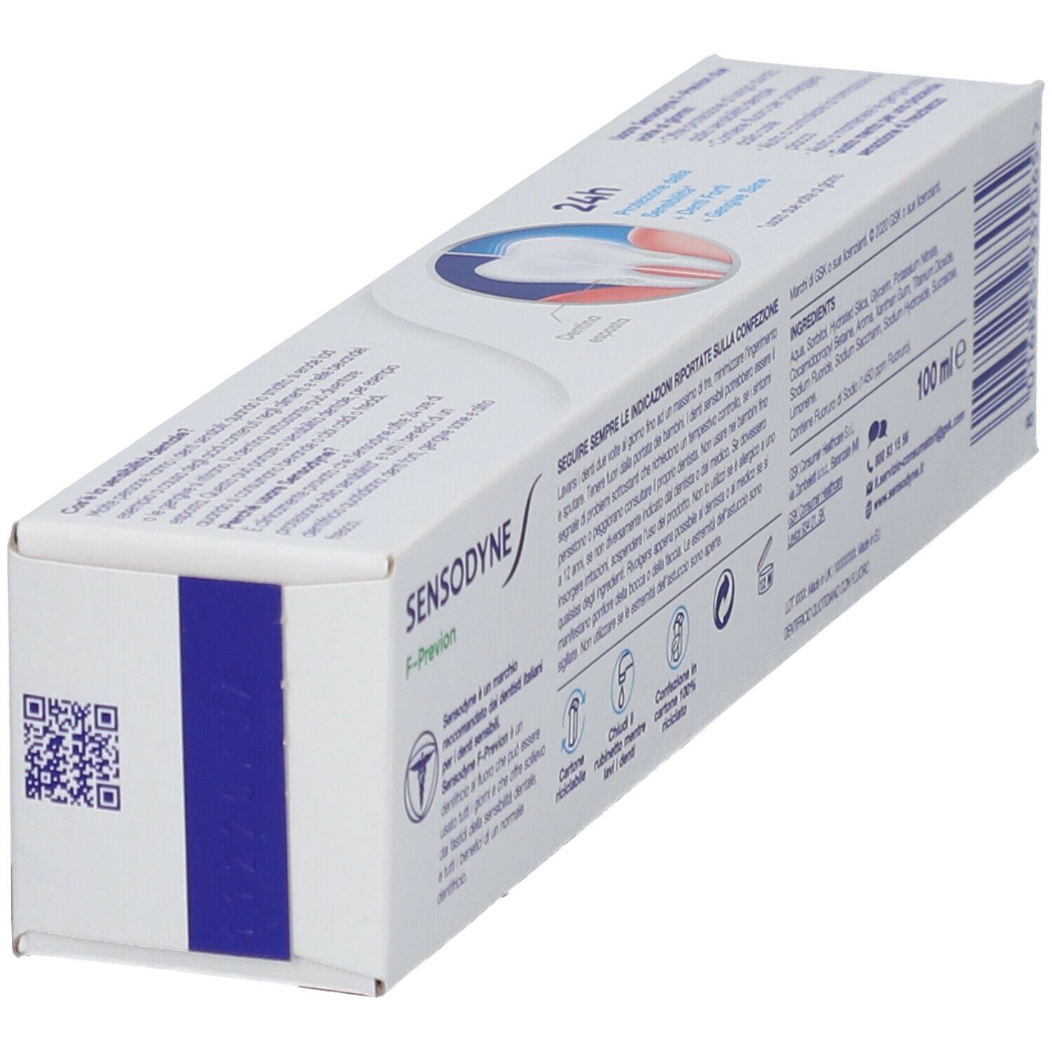 Confezione di dentifricio bianca, testo blu e verde. Sensodyne F-Prävention. 100ml.