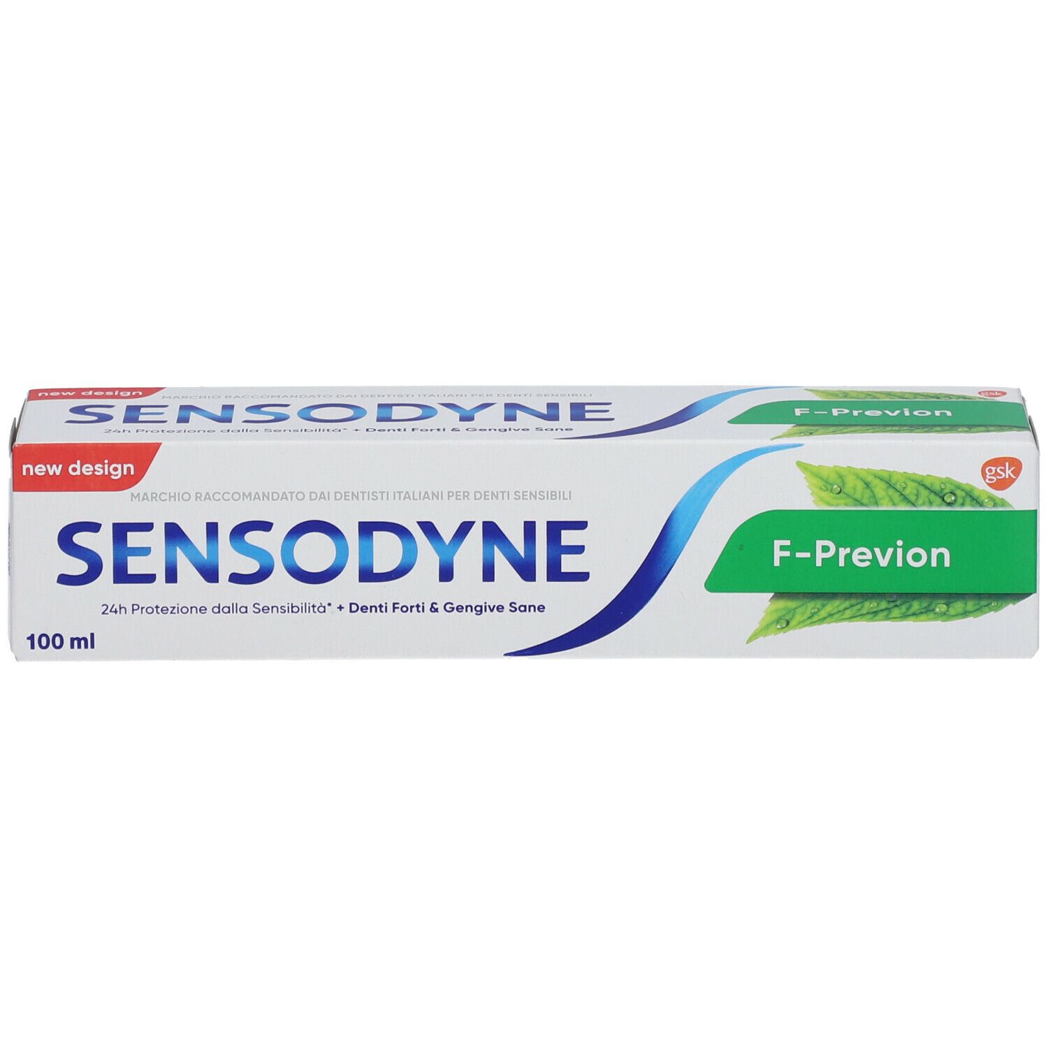 Confezione di dentifricio bianca, testo blu e verde. Sensodyne F-Prävention. 100ml.