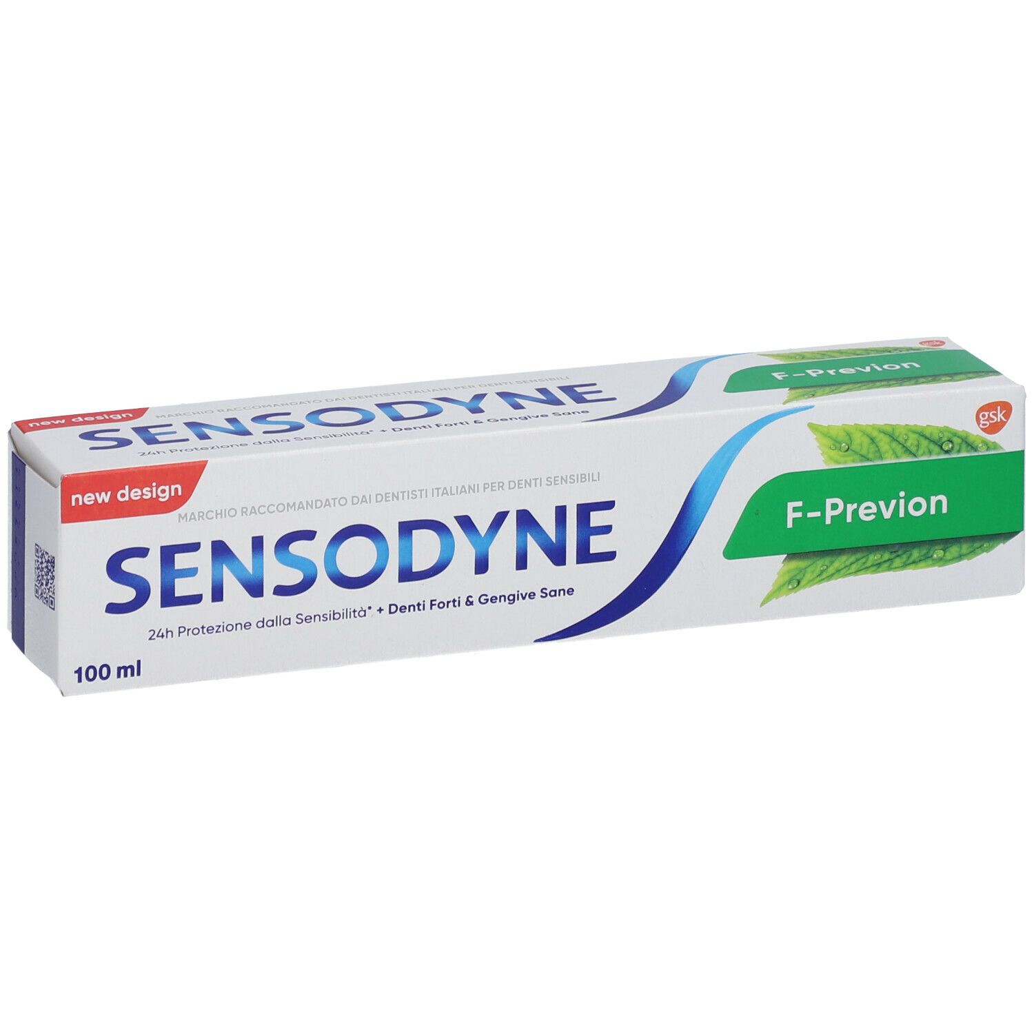 Confezione di dentifricio bianca, testo blu e verde. Sensodyne F-Prävention. 100ml.