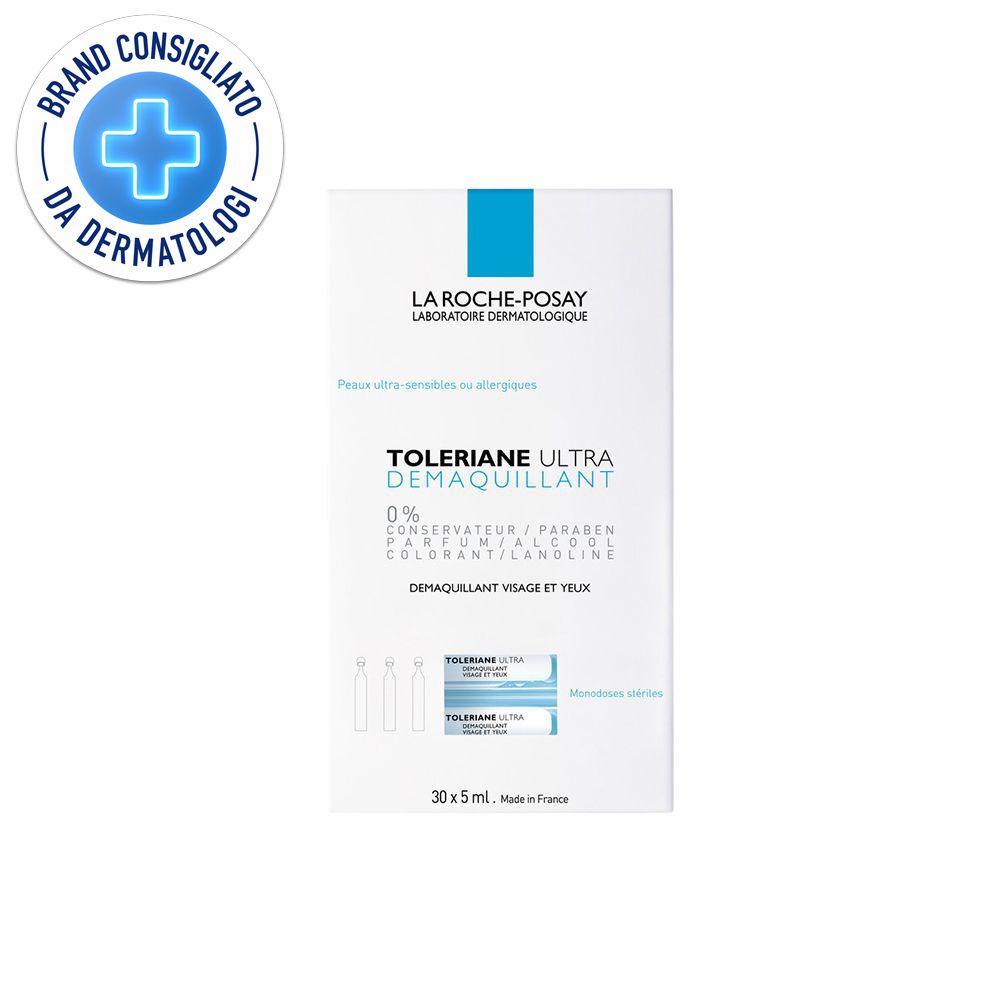 Boîte blanche La Roche-Posay TOLERIANE ULTRA. Contient des ampoules. Label 'Brand Consigliato da Dermatologi'.