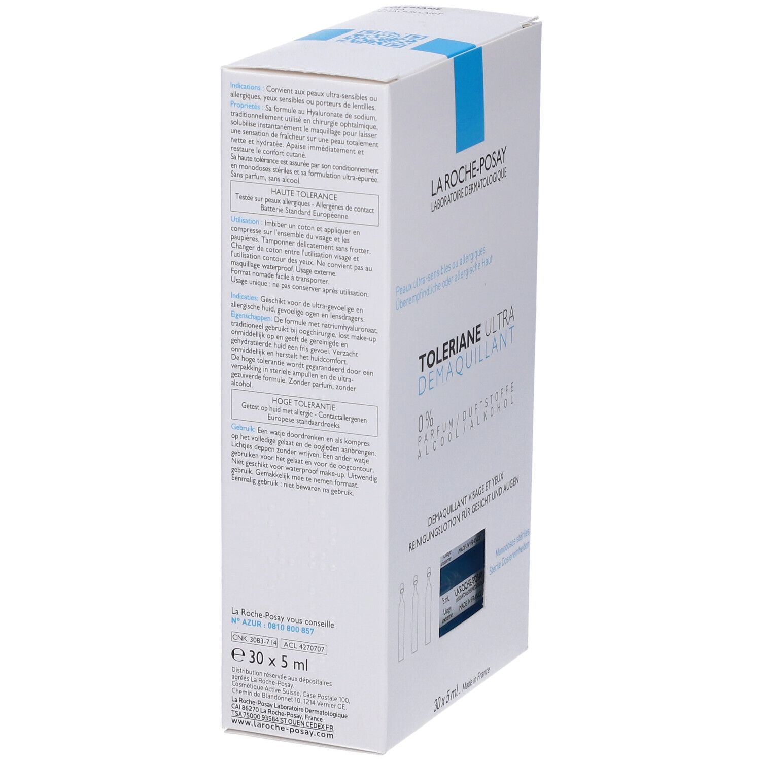 Boîte blanche La Roche-Posay TOLERIANE ULTRA. Contient des ampoules. Texte en allemand.