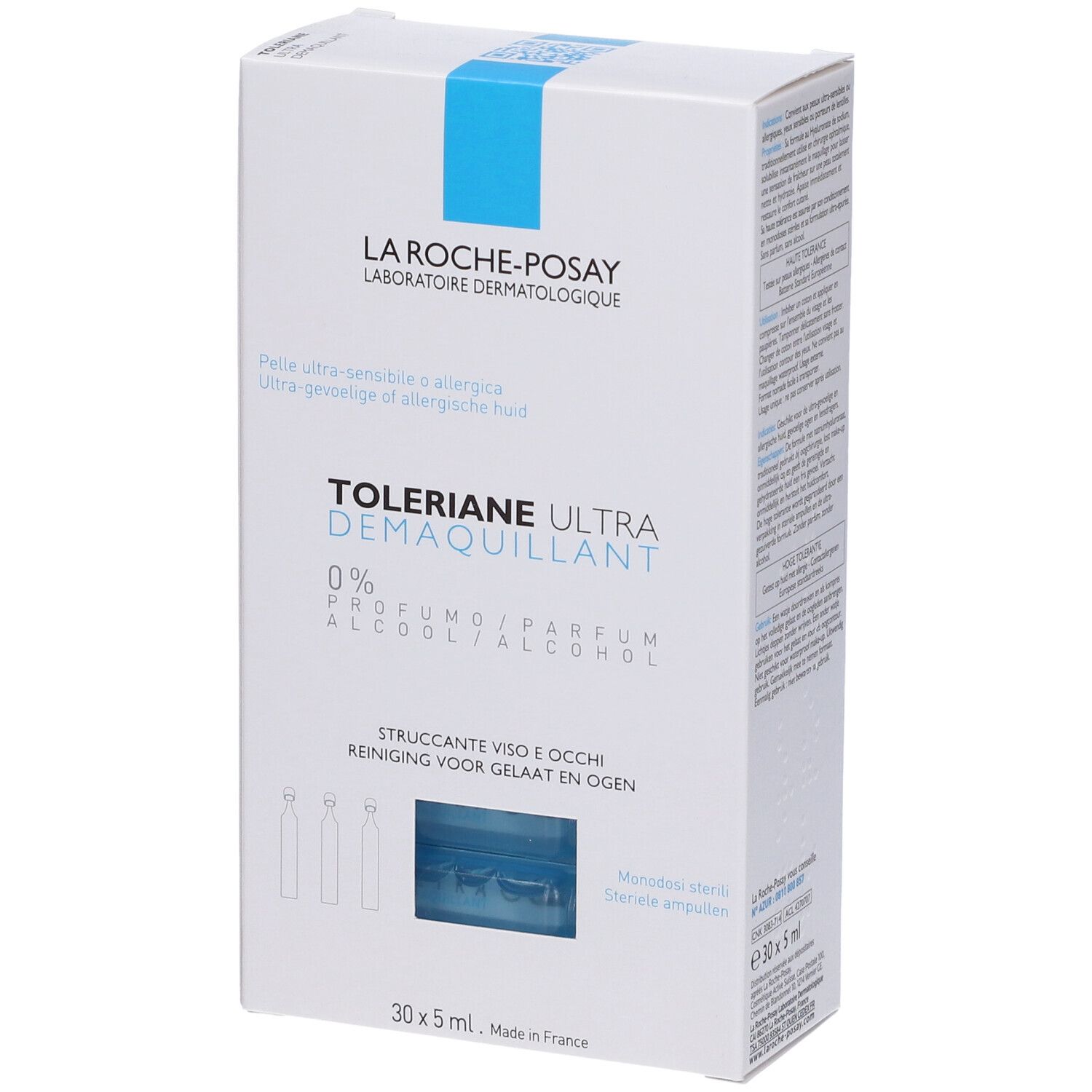 Boîte blanche La Roche-Posay TOLERIANE ULTRA. Contient des ampoules. Texte en italien.