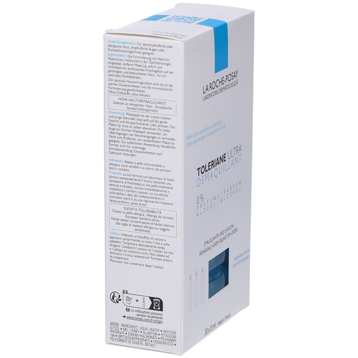 Boîte blanche La Roche-Posay TOLERIANE ULTRA. Contient des ampoules. Texte en italien.